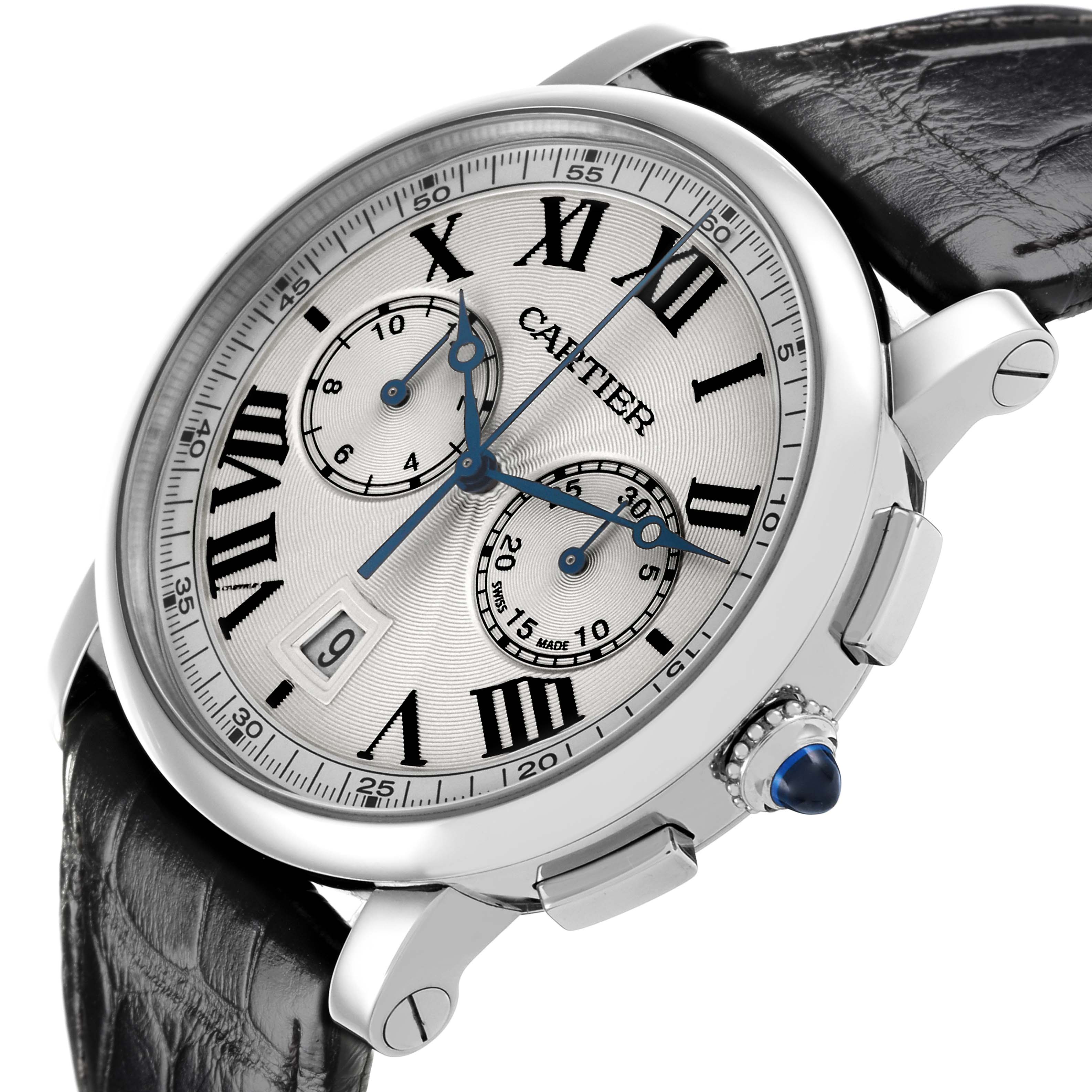 The Cartier Rotonde WSRO0002 Men
s Stainless Steel Silver Dial WSRO0002 Men
s Stainless Steel Silver Dial watch is shown from a side angle, displaying its face, crown, pushers, and leather strap.