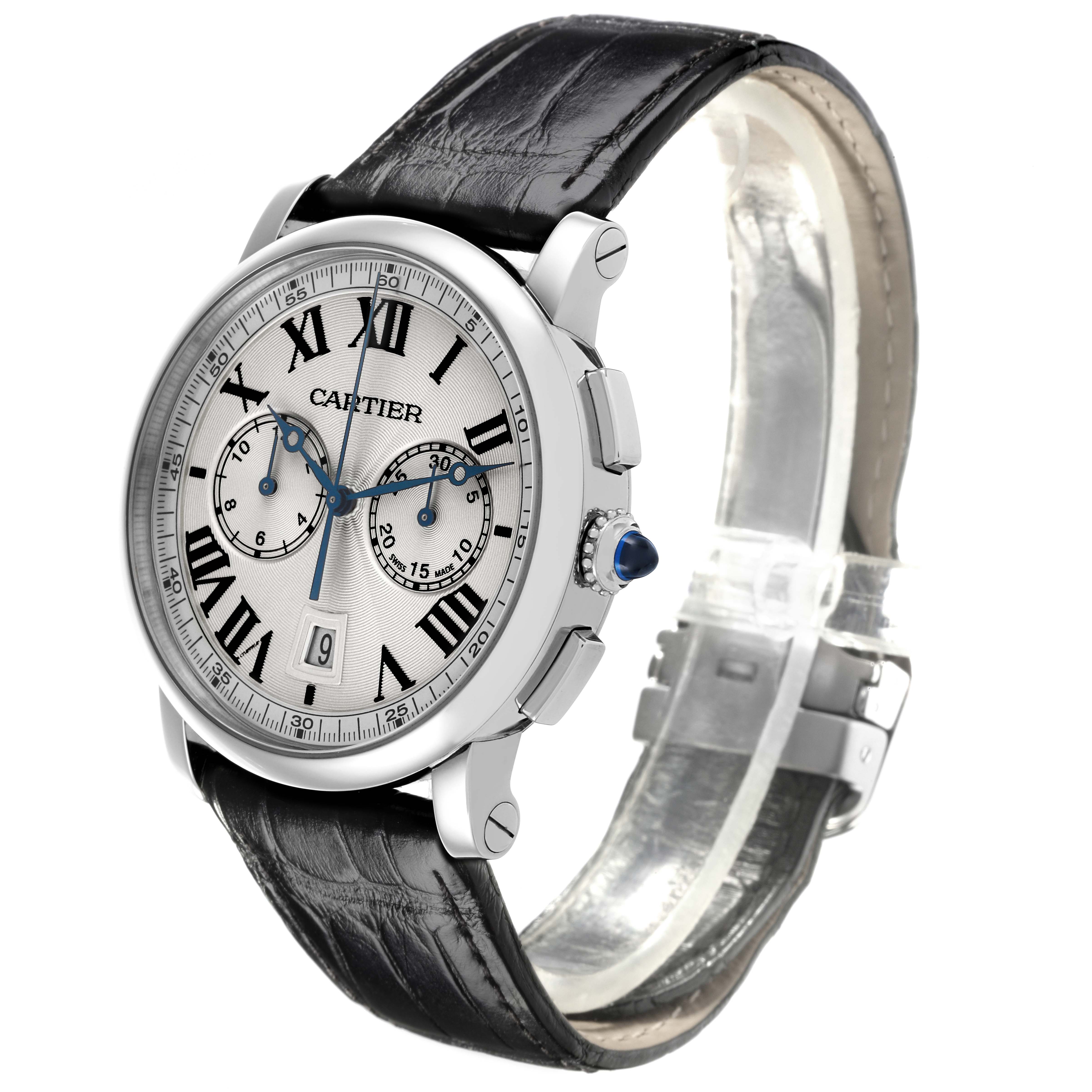 The Cartier Rotonde WSRO0002 Men
s Stainless Steel Silver Dial WSRO0002 Men
s Stainless Steel Silver Dial watch is shown at a front-side angle, displaying the face, crown, and partial strap.