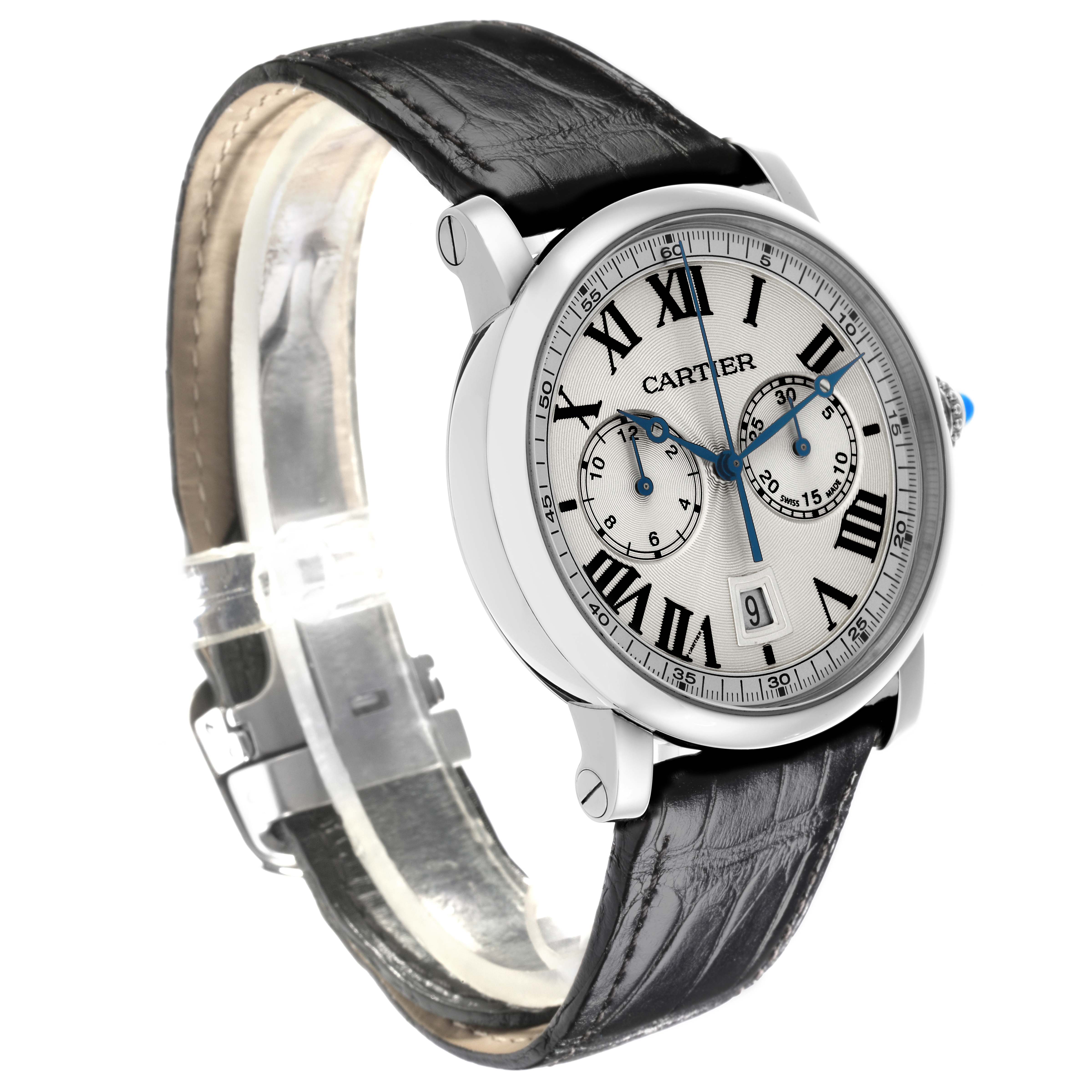 The Cartier Rotonde WSRO0002 Men
s Stainless Steel Silver Dial WSRO0002 Men
s Stainless Steel Silver Dial watch is shown from a three-quarter angle, displaying the dial, bezel, and leather strap.