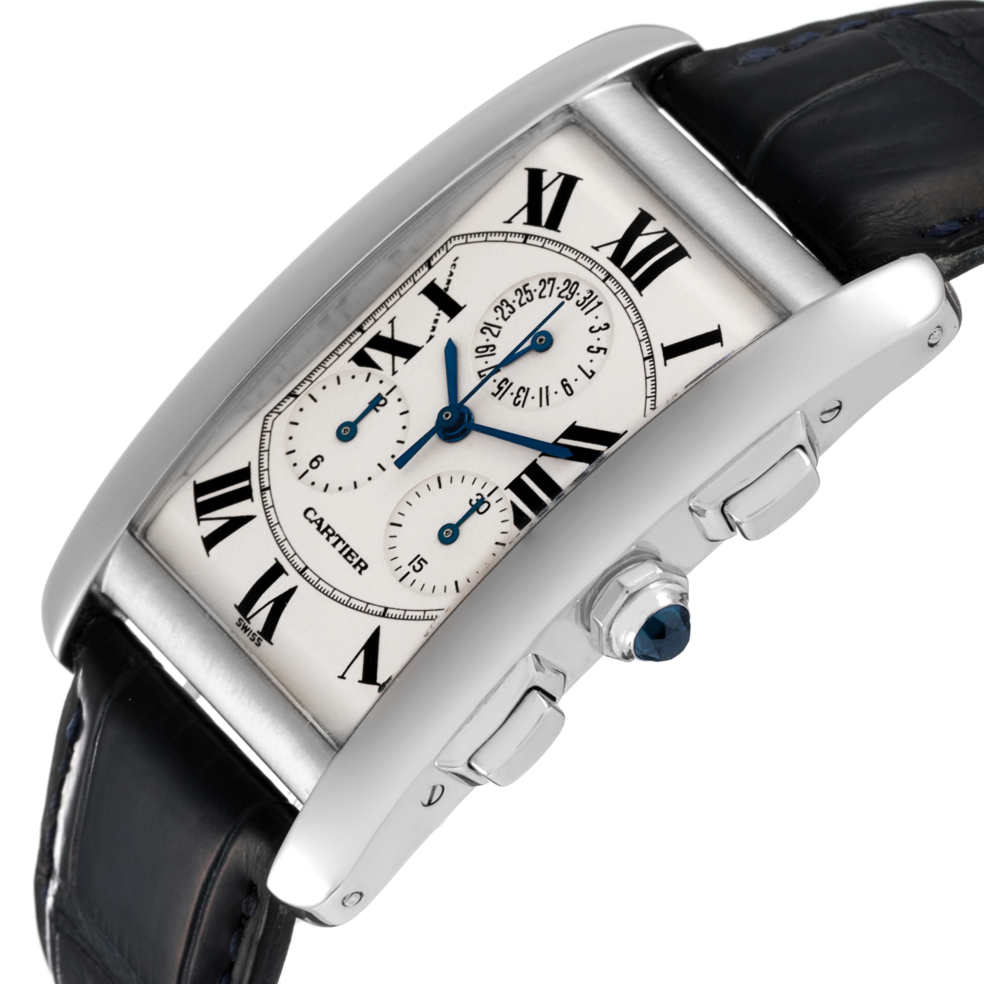 The image shows a detailed side view of a Cartier Tank Americaine W2603356 Men
s White Gold Silver Dial W2603356 Men
s White Gold Silver Dial watch, highlighting the face, crown, lugs, and strap.