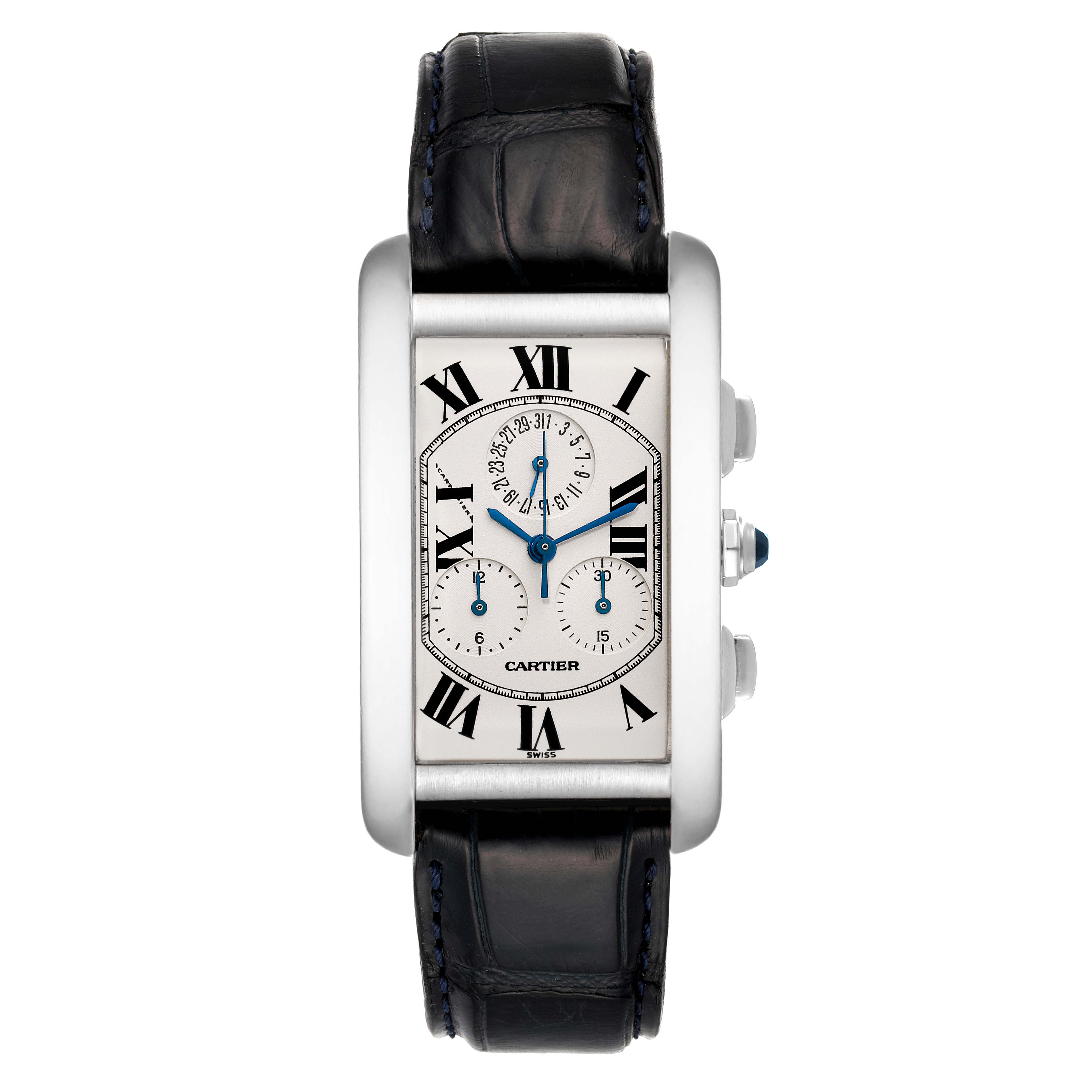 The image shows a front view of the Cartier Tank Americaine W2603356 Men
s White Gold Silver Dial W2603356 Men
s White Gold Silver Dial watch, highlighting its rectangular face, Roman numerals, and sub-dials.
