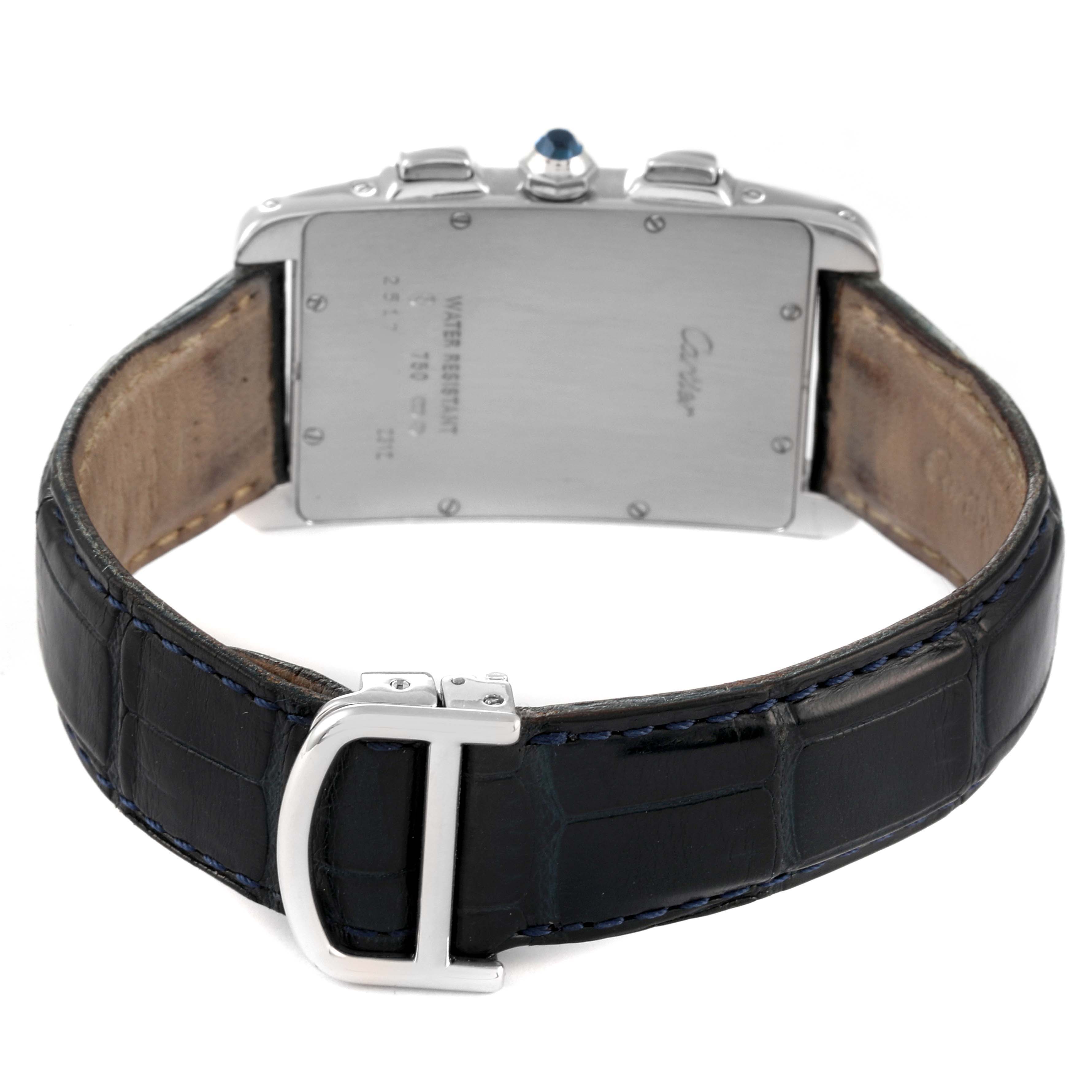 This image shows the back of the Cartier Tank Americaine W2603356 Men
s White Gold Silver Dial W2603356 Men
s White Gold Silver Dial watch, focusing on the strap and clasp.