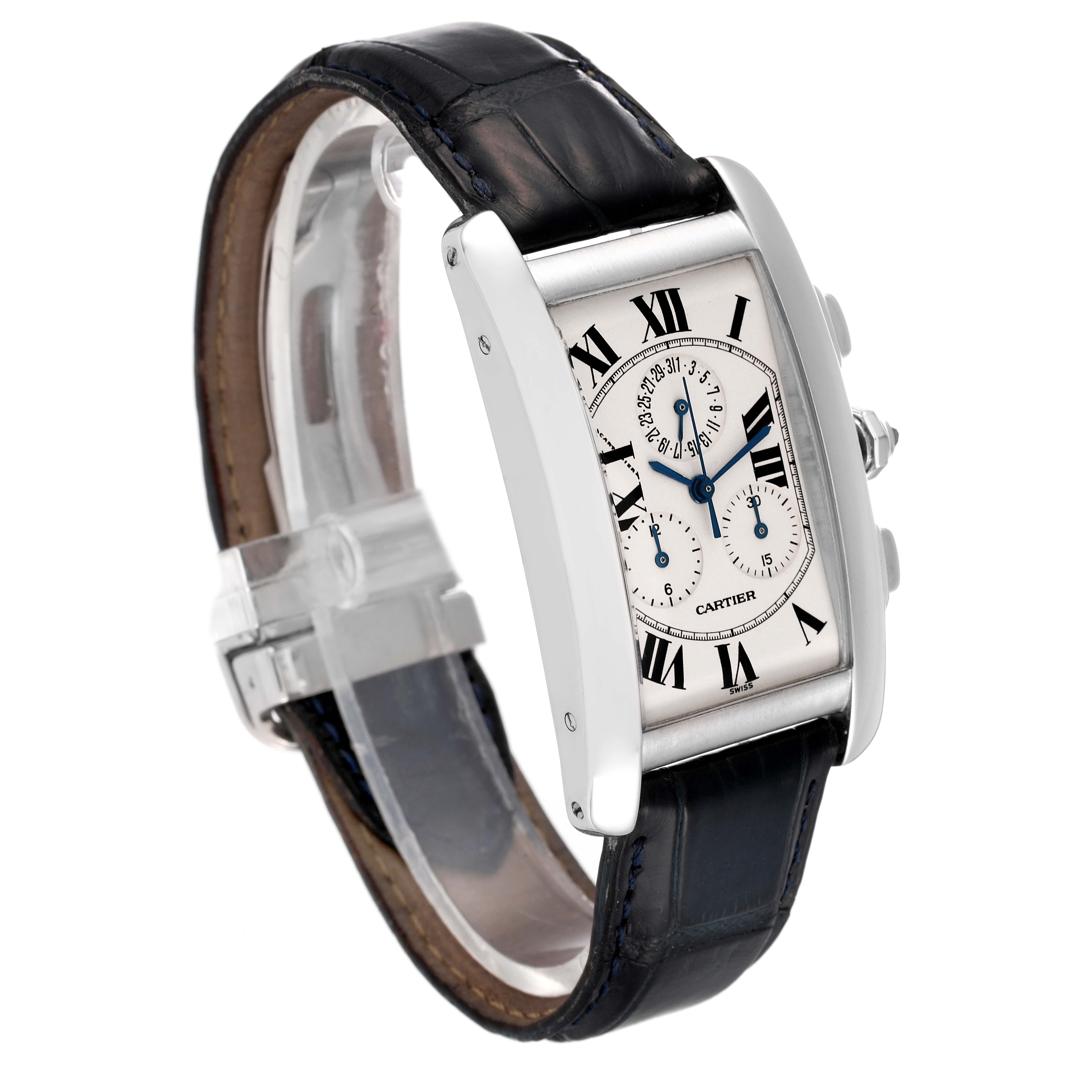 The Cartier Tank Americaine W2603356 Men
s White Gold Silver Dial W2603356 Men
s White Gold Silver Dial watch is shown at a slight angle, displaying its face, side buttons, and leather strap.