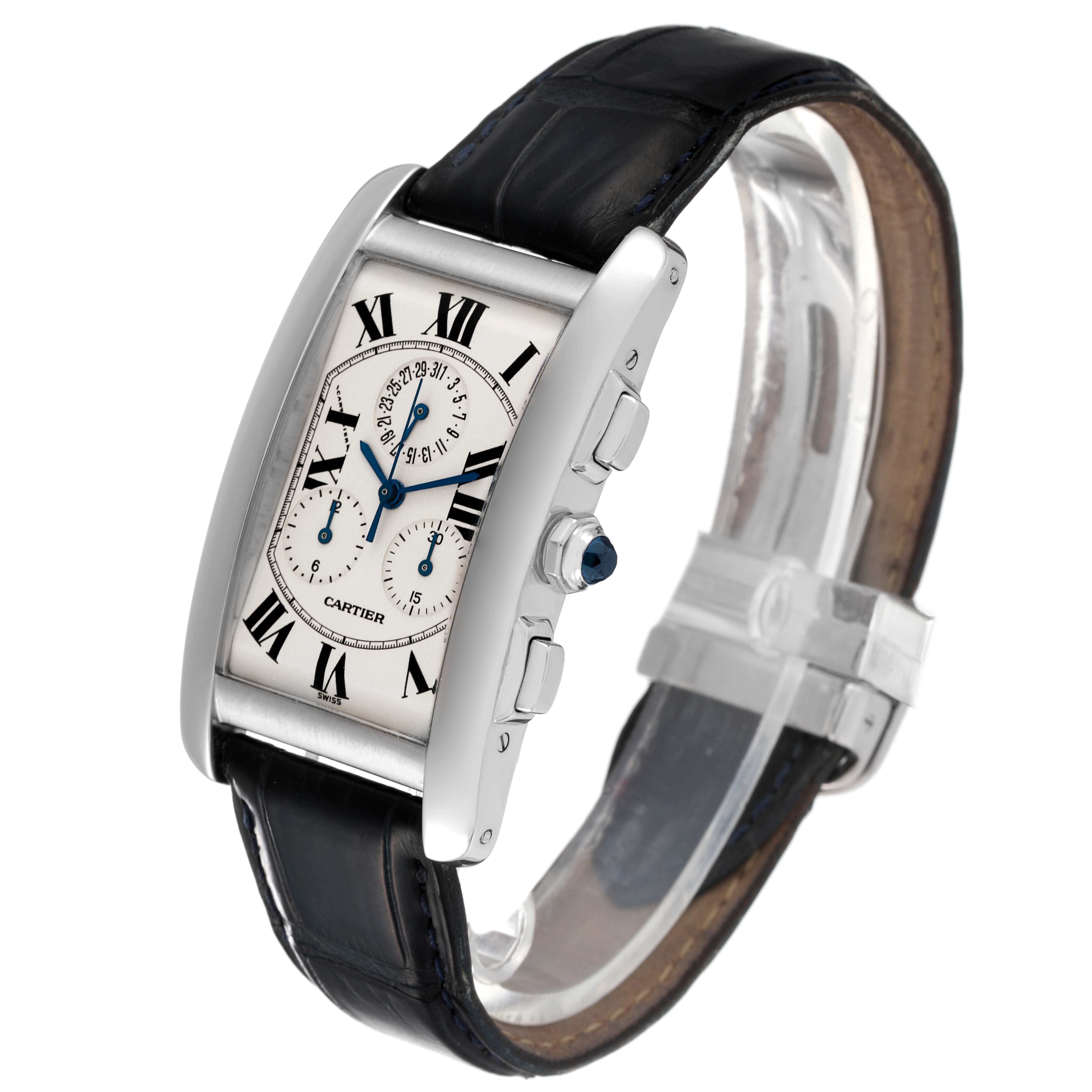 This image shows a Cartier Tank Americaine W2603356 Men
s White Gold Silver Dial W2603356 Men
s White Gold Silver Dial watch at an angled side view, highlighting the dial, case, crown, pushers, and strap.