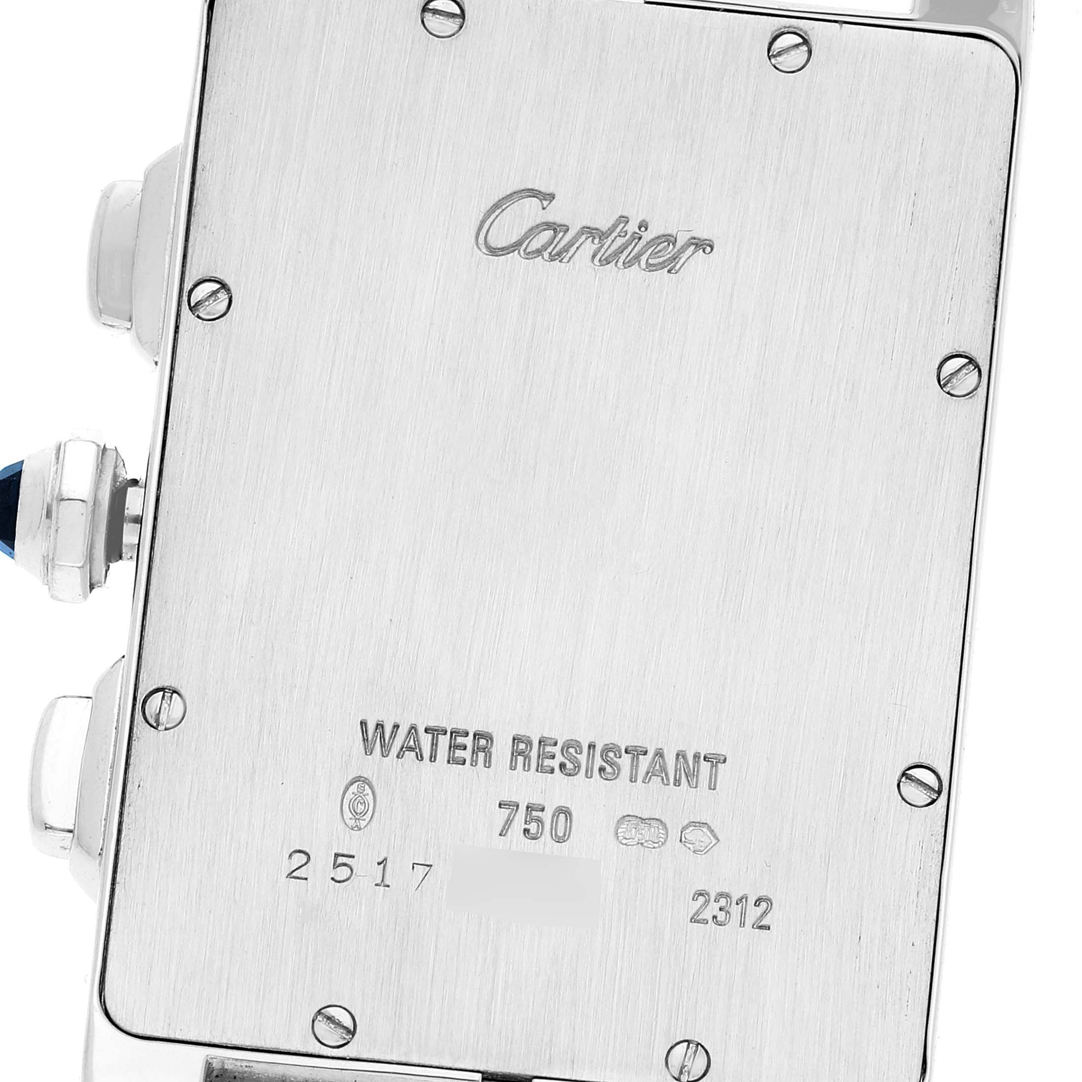 The image shows the back case of a Cartier Tank Americaine W2603356 Men
s White Gold Silver Dial W2603356 Men
s White Gold Silver Dial watch, displaying the brand name, model details, and water resistance information.