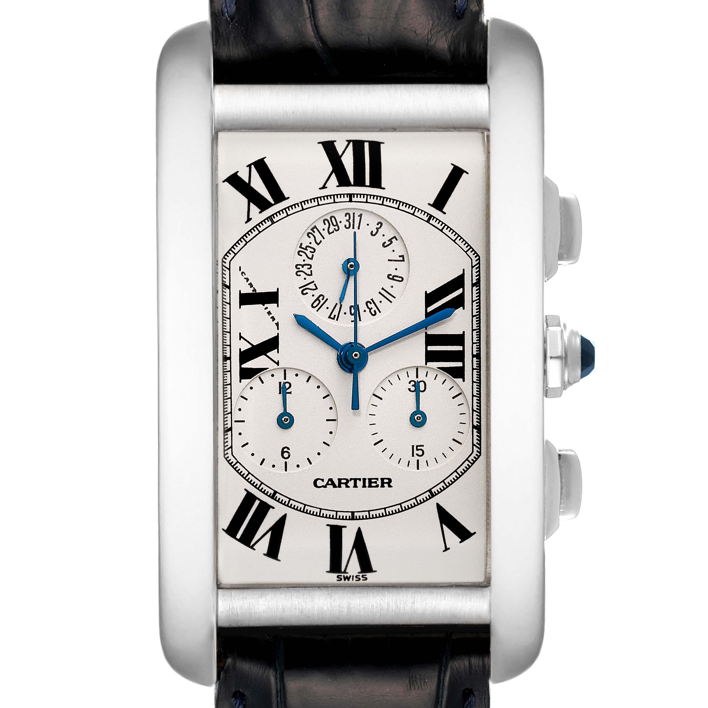 This is a frontal view of the face of a Cartier Tank Americaine W2603356 Men
s White Gold Silver Dial W2603356 Men
s White Gold Silver Dial watch, showcasing its dial, blue hands, and Roman numerals.