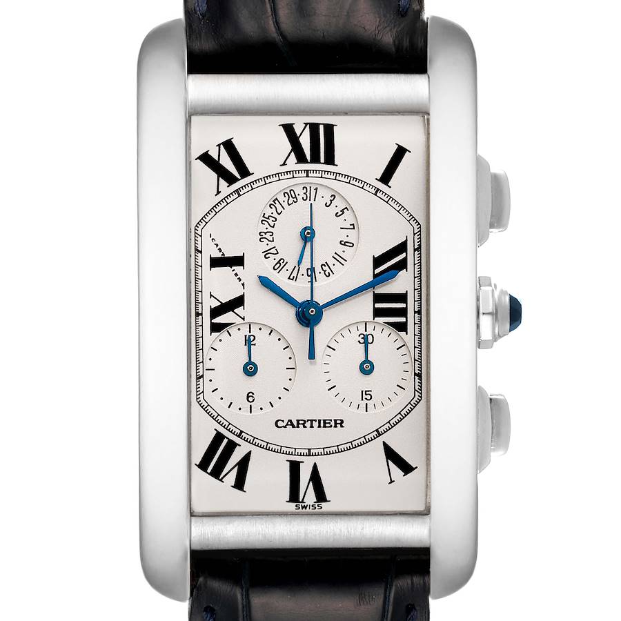 Cartier Tank Americaine Chronograph White Gold Mens Watch W2603356 SwissWatchExpo