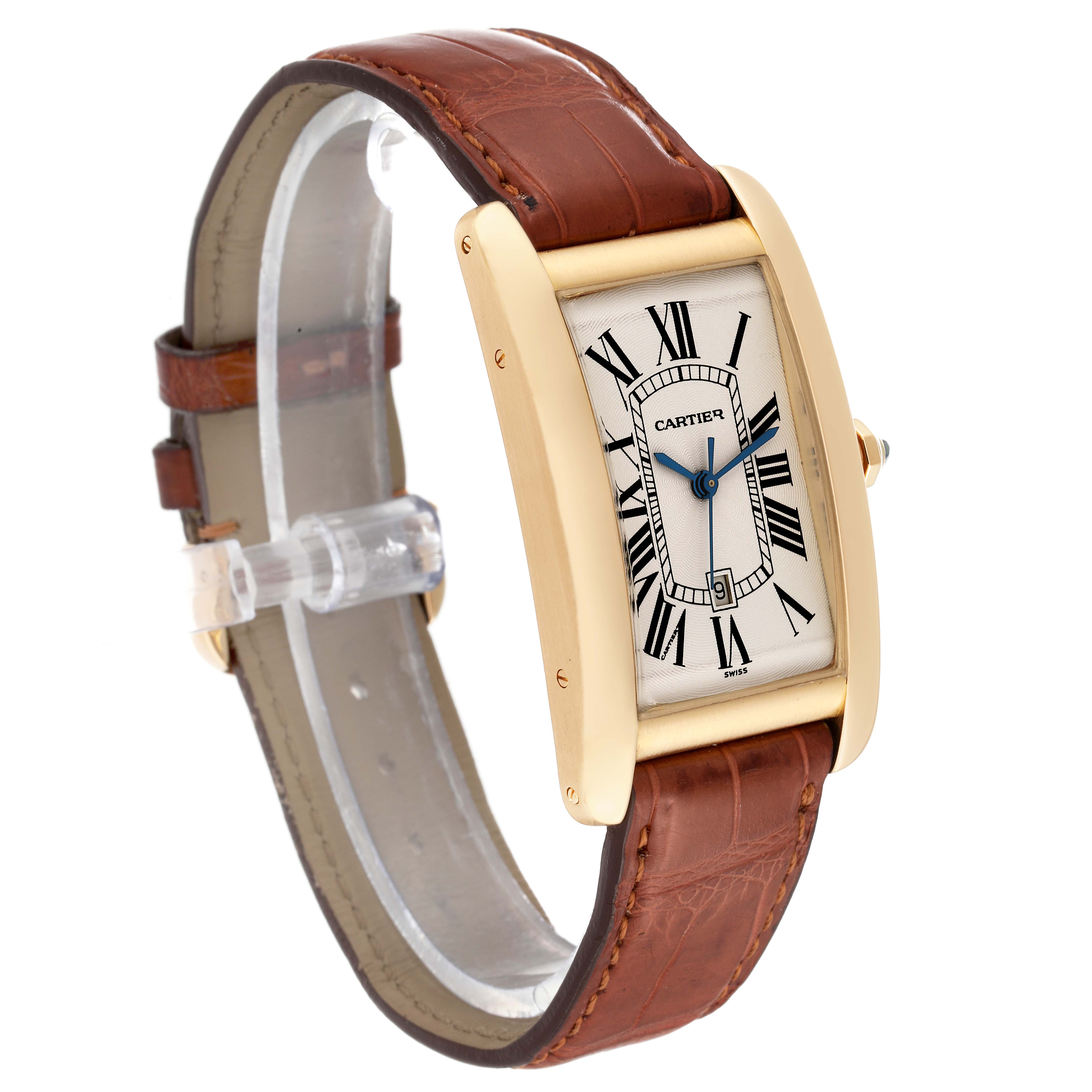 This image shows a Cartier Tank Americaine W2603156 Men's Yellow Gold Silver Dial W2603156 Men's Yellow Gold Silver Dial watch from a slightly angled perspective, highlighting its rectangular face and brown leather strap.