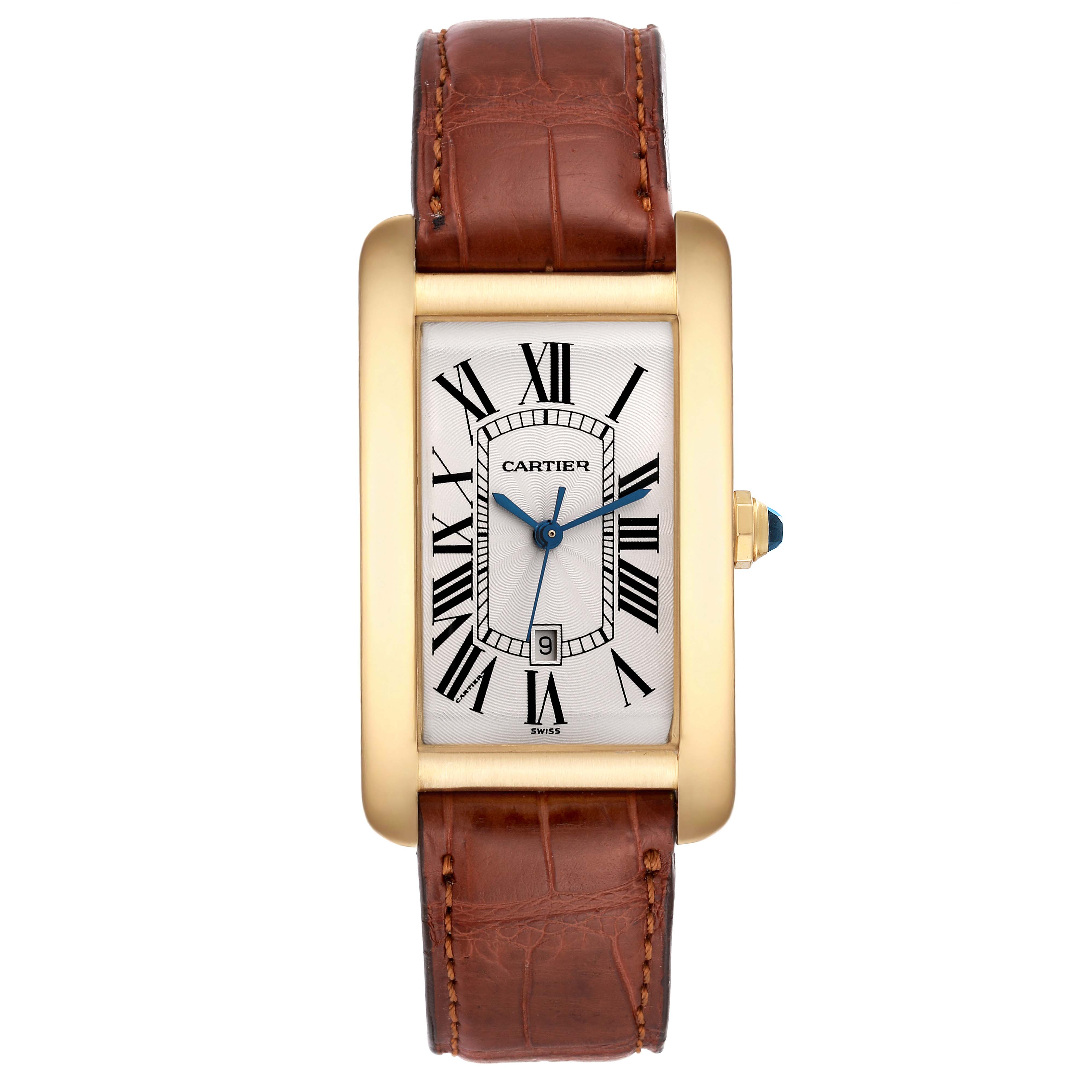 The Tank Americaine by Cartier is shown from a top-down angle, displaying the face, crown, and brown leather strap.