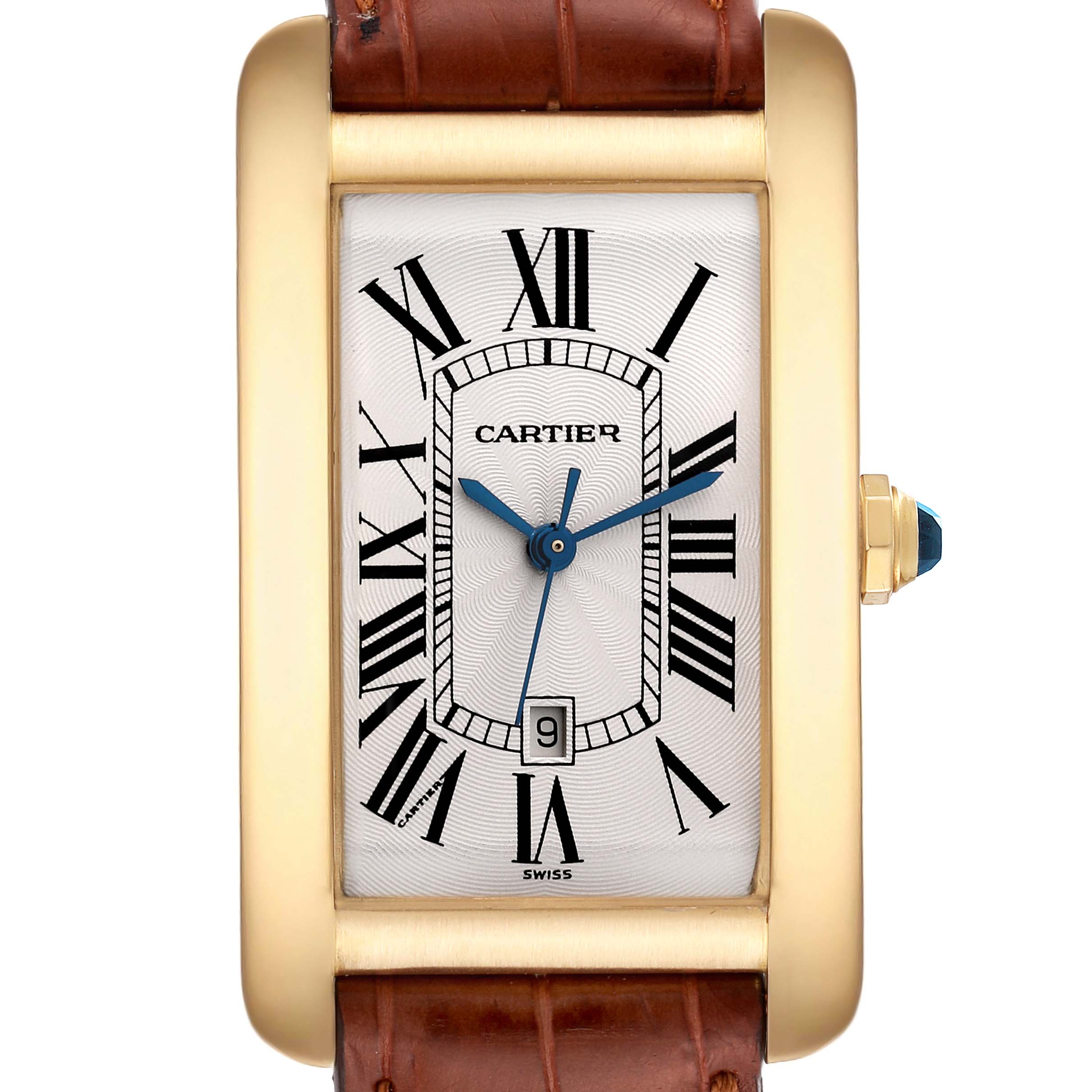 The image shows a frontal view of the Cartier Tank Americaine W2603156 Men's Yellow Gold Silver Dial W2603156 Men's Yellow Gold Silver Dial watch, featuring its rectangular dial, Roman numerals, and leather strap.