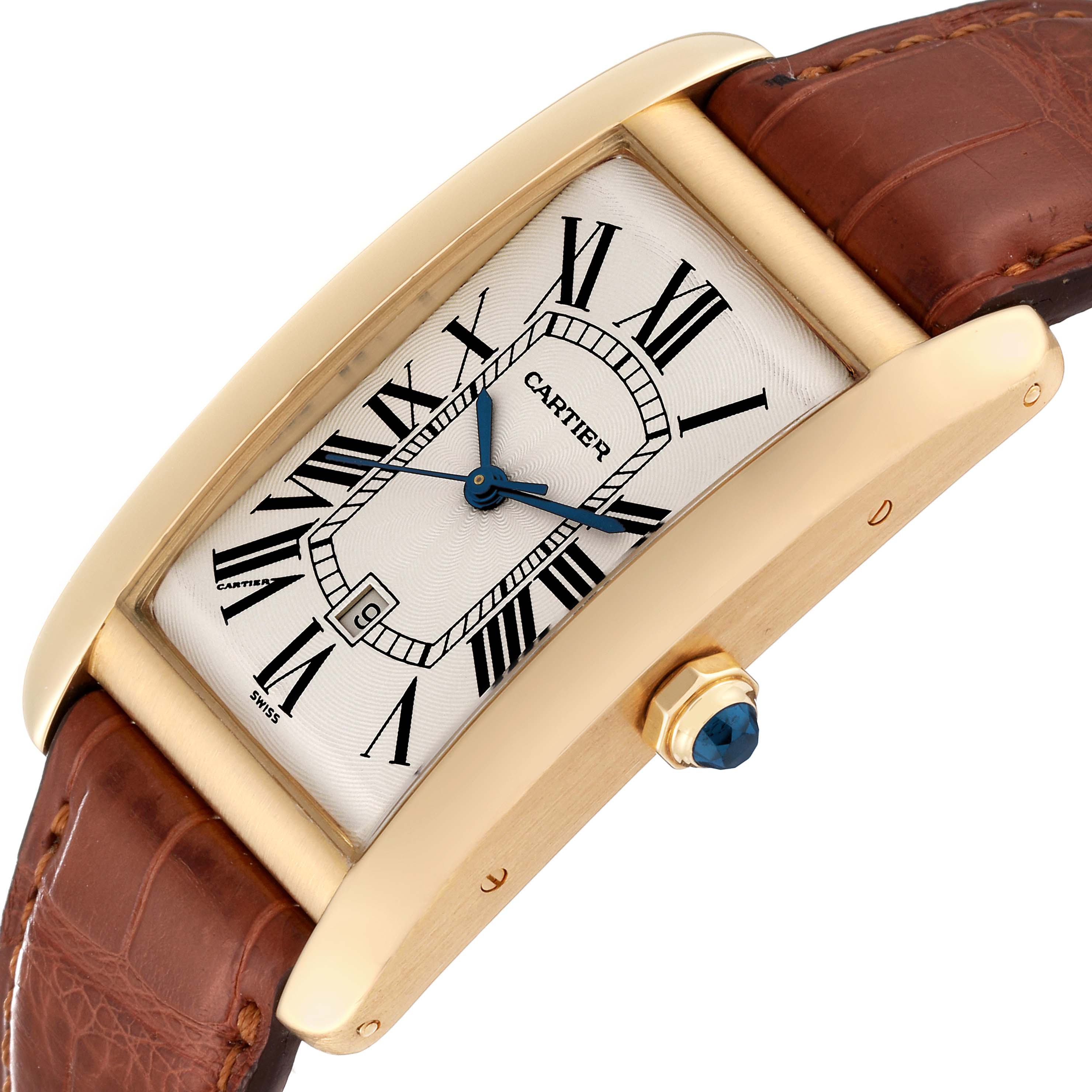 This Cartier Tank Americaine W2603156 Men's Yellow Gold Silver Dial W2603156 Men's Yellow Gold Silver Dial watch is shown at a diagonal angle, highlighting its rectangular dial, crown, and leather strap.