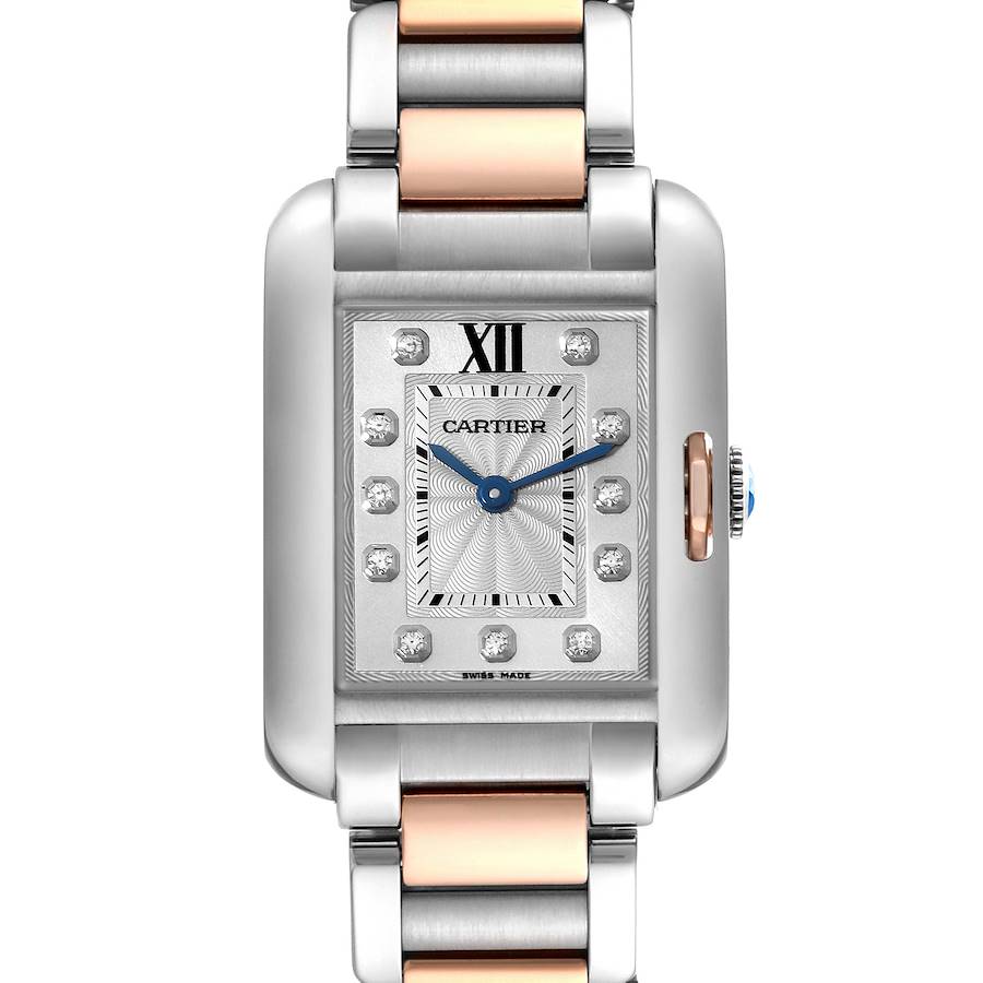 The Cartier Tank Anglaise watch is shown from a front angle, displaying the face, dial, and part of the bracelet.