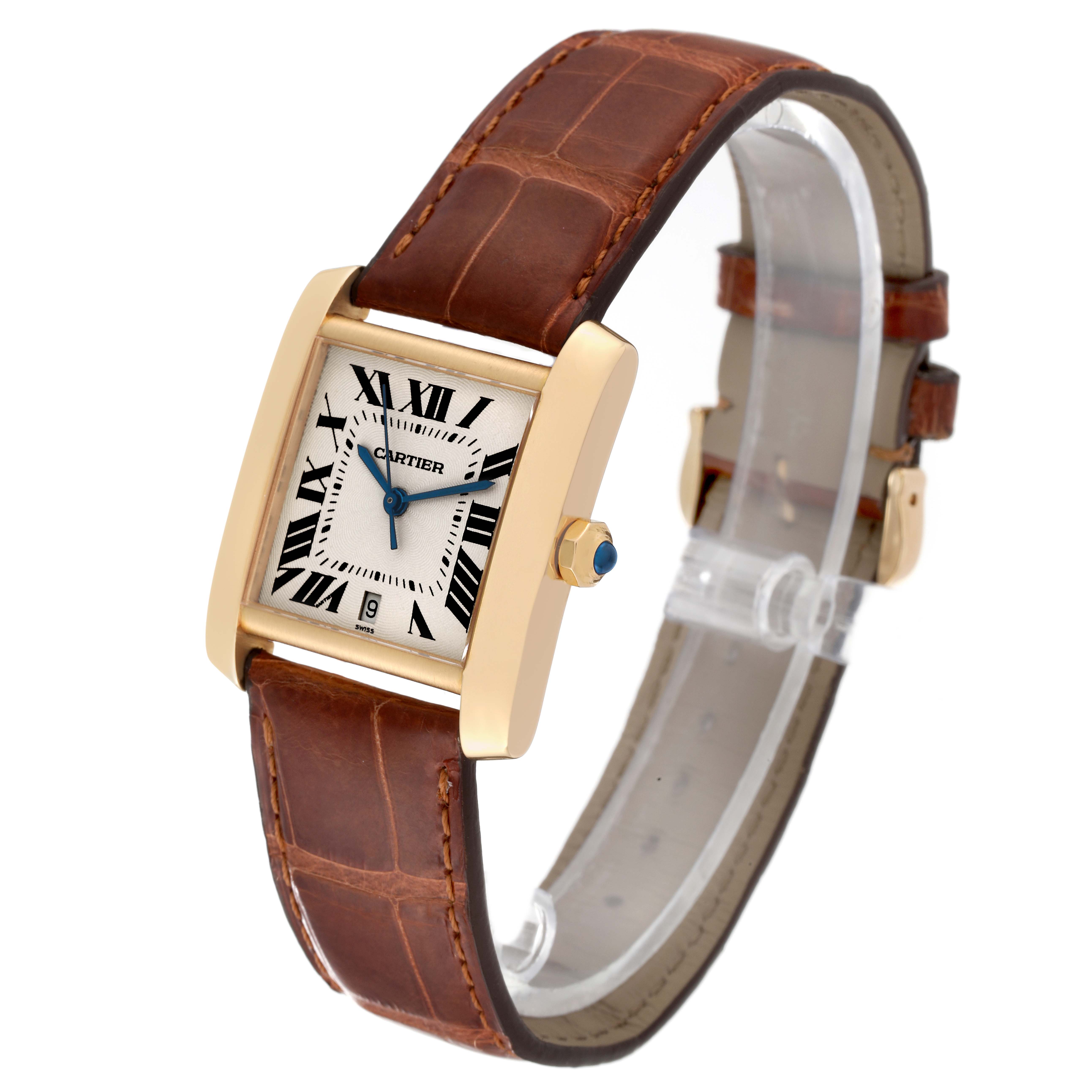 The image shows a Cartier Tank Francaise W5000156 Men
s Yellow Gold Silver Dial W5000156 Men
s Yellow Gold Silver Dial watch at a slight angle, highlighting its rectangular face, leather strap, and gold case.