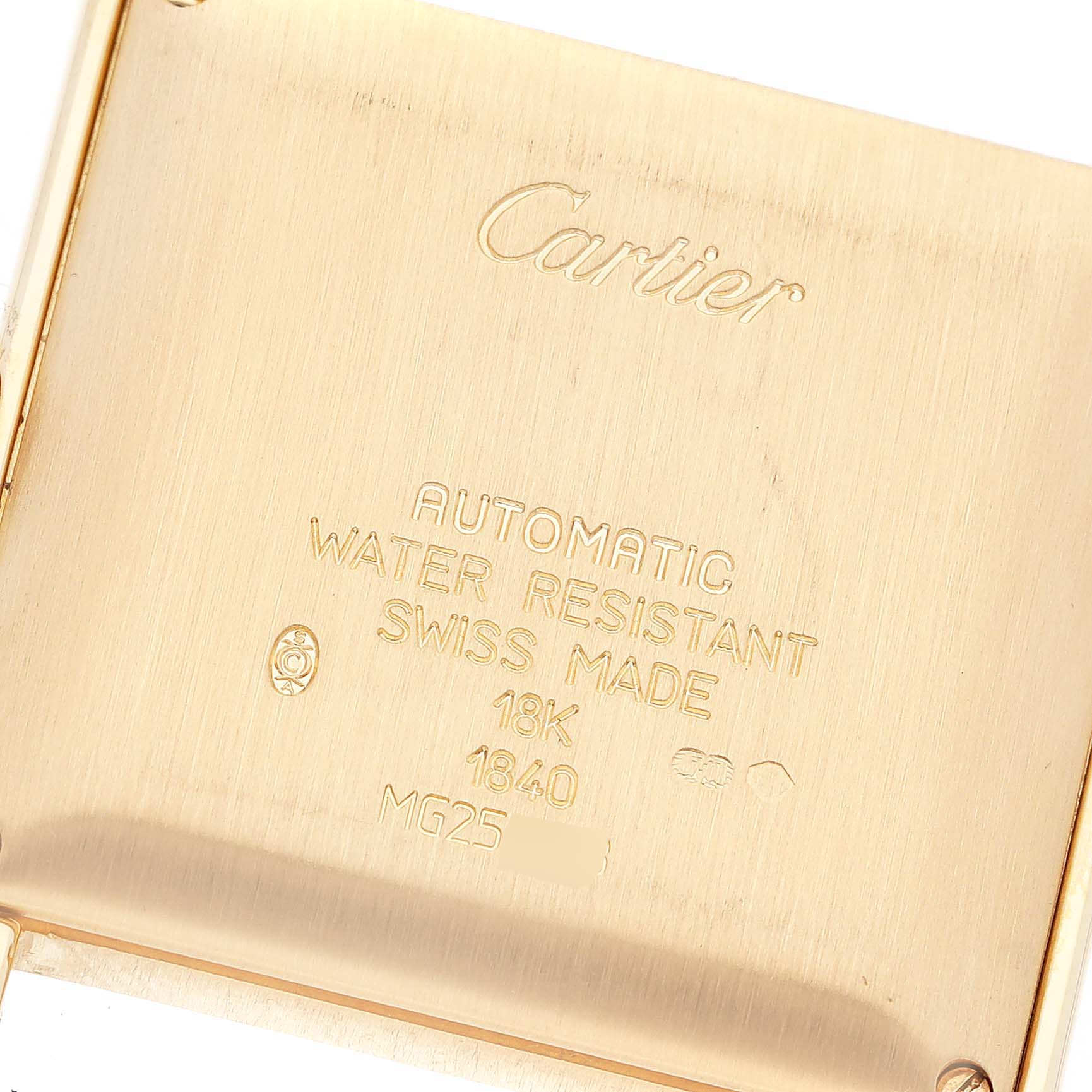 This image shows the back case of a Cartier Tank Francaise W5000156 Men
s Yellow Gold Silver Dial W5000156 Men
s Yellow Gold Silver Dial watch, detailing specifications like "automatic," "water resistant," and "18K."