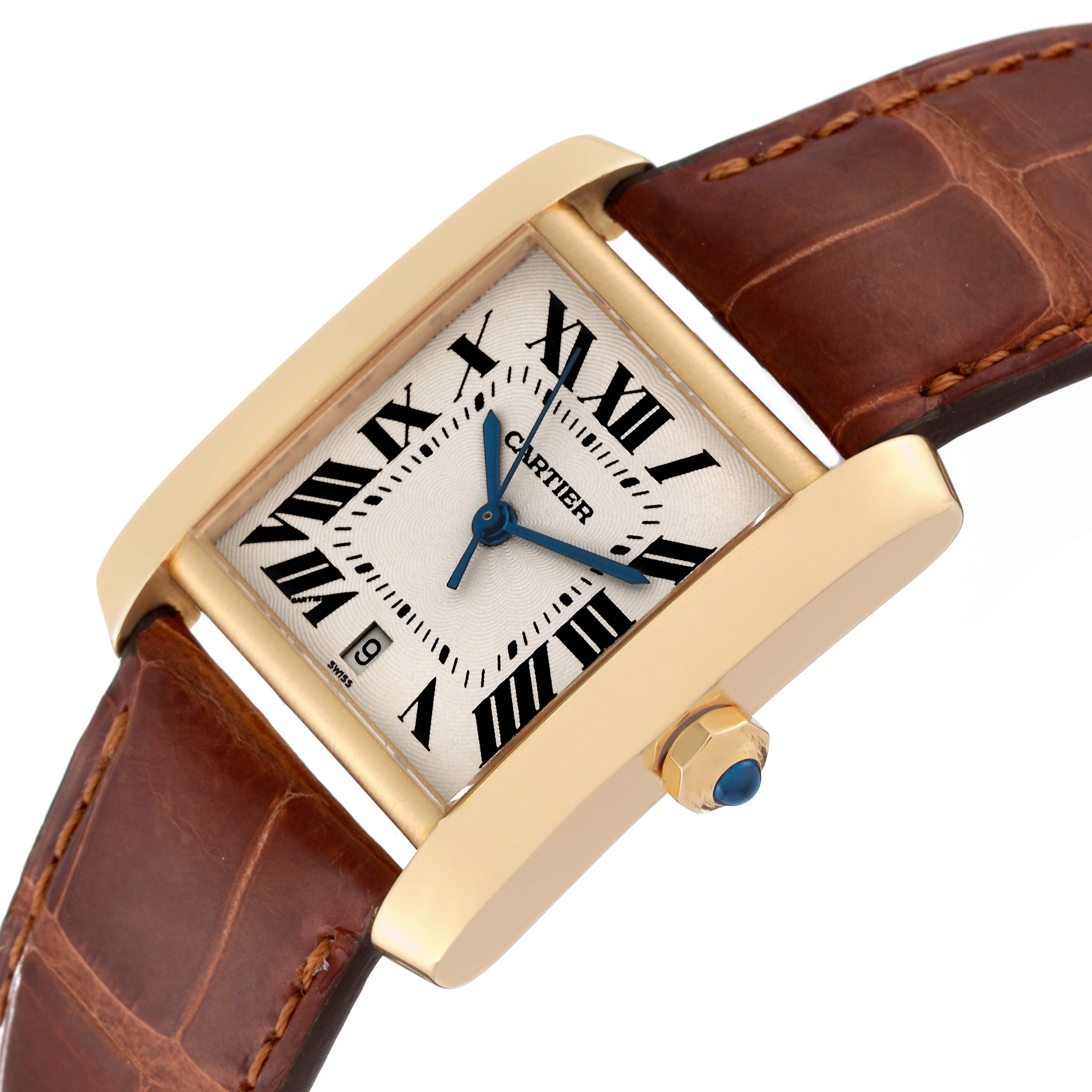 The image shows a close-up of the Cartier Tank Francaise W5000156 Men
s Yellow Gold Silver Dial W5000156 Men
s Yellow Gold Silver Dial watch face, brown leather strap, and side crown with a blue gem.