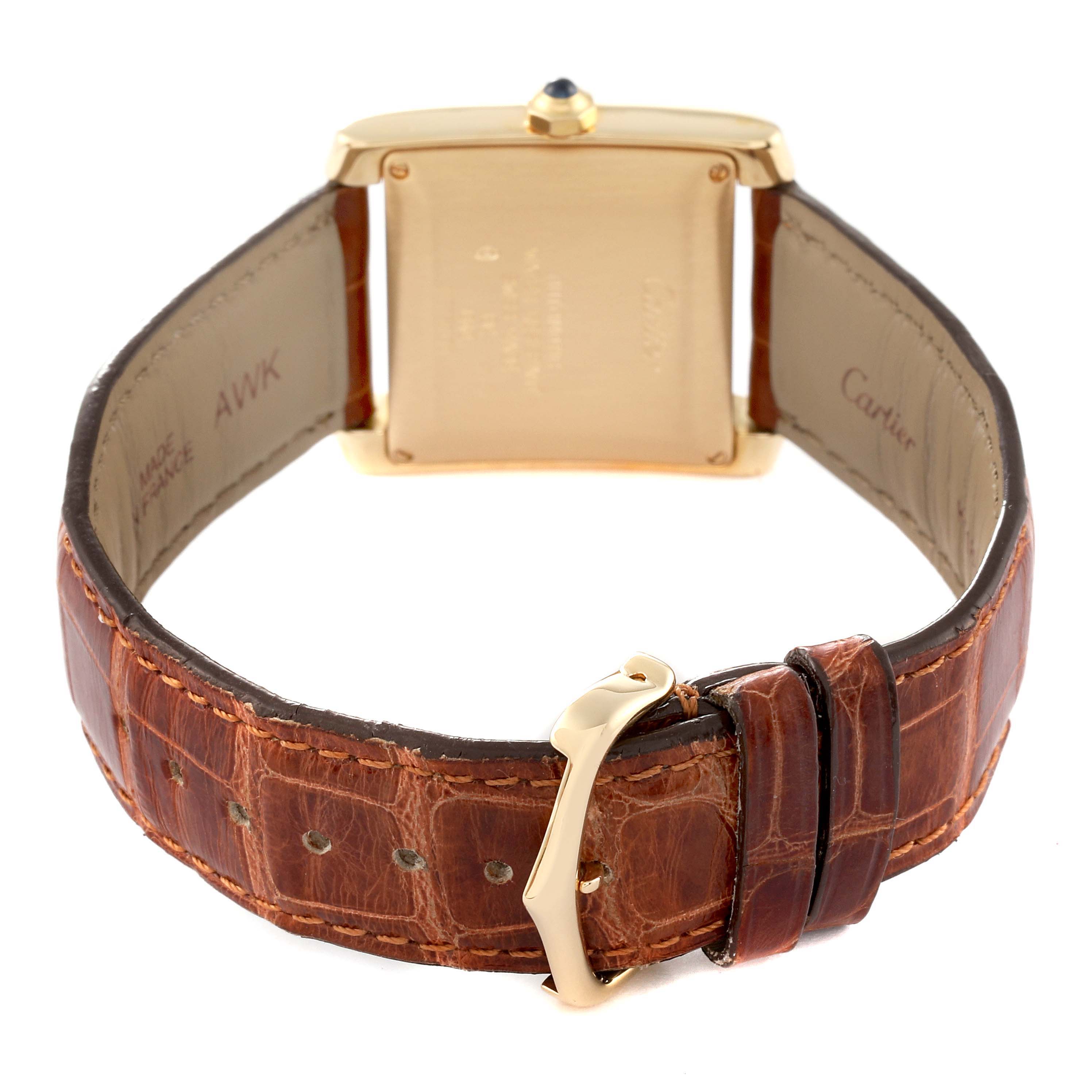 This image shows the back view of the Cartier Tank Francaise W5000156 Men
s Yellow Gold Silver Dial W5000156 Men
s Yellow Gold Silver Dial watch, highlighting the case back, strap, and buckle.