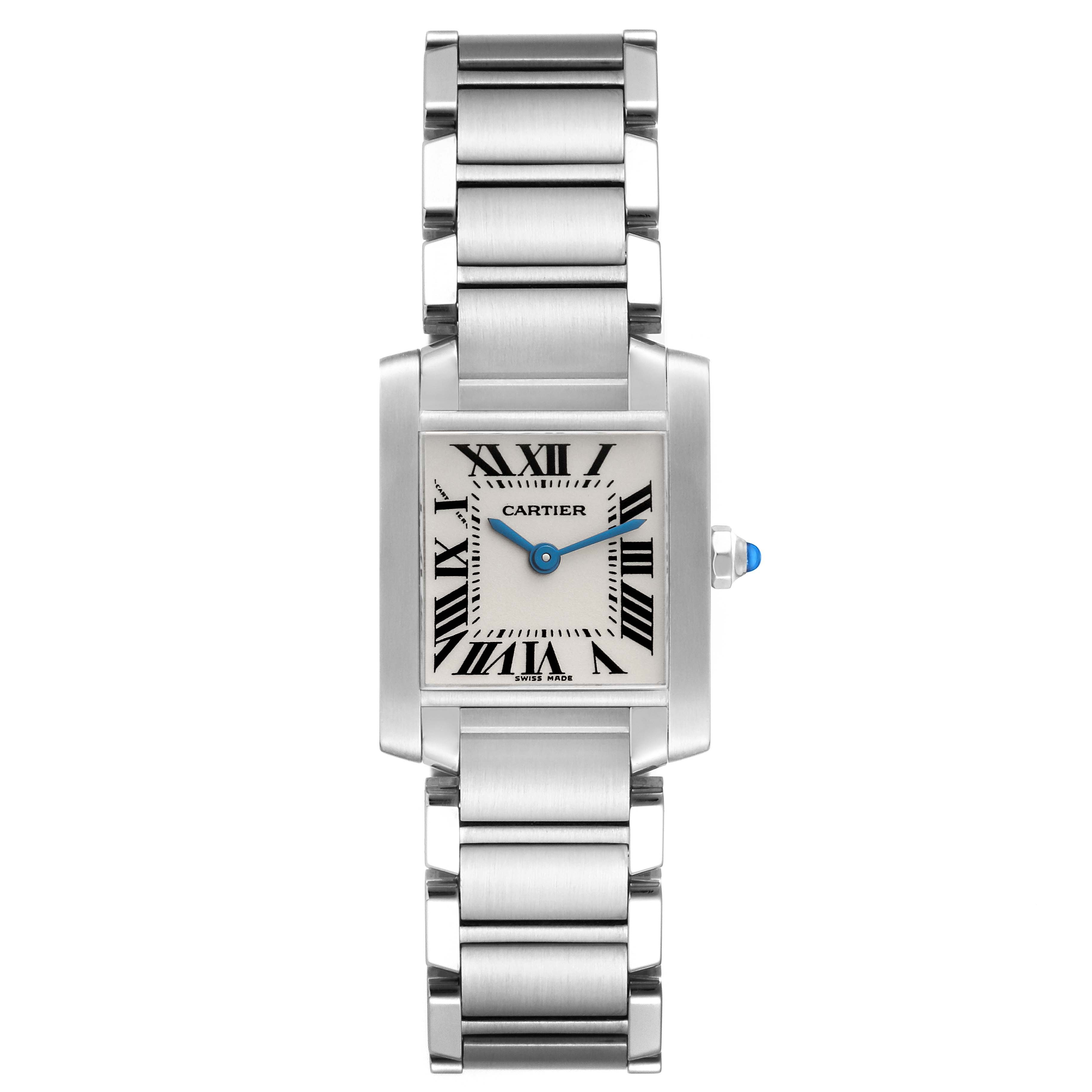 The Cartier Tank Francaise W51008Q3 Women
s Stainless Steel Silver Dial W51008Q3 Women
s Stainless Steel Silver Dial watch is shown from the front, displaying its bracelet, rectangular case, and dial with Roman numerals.