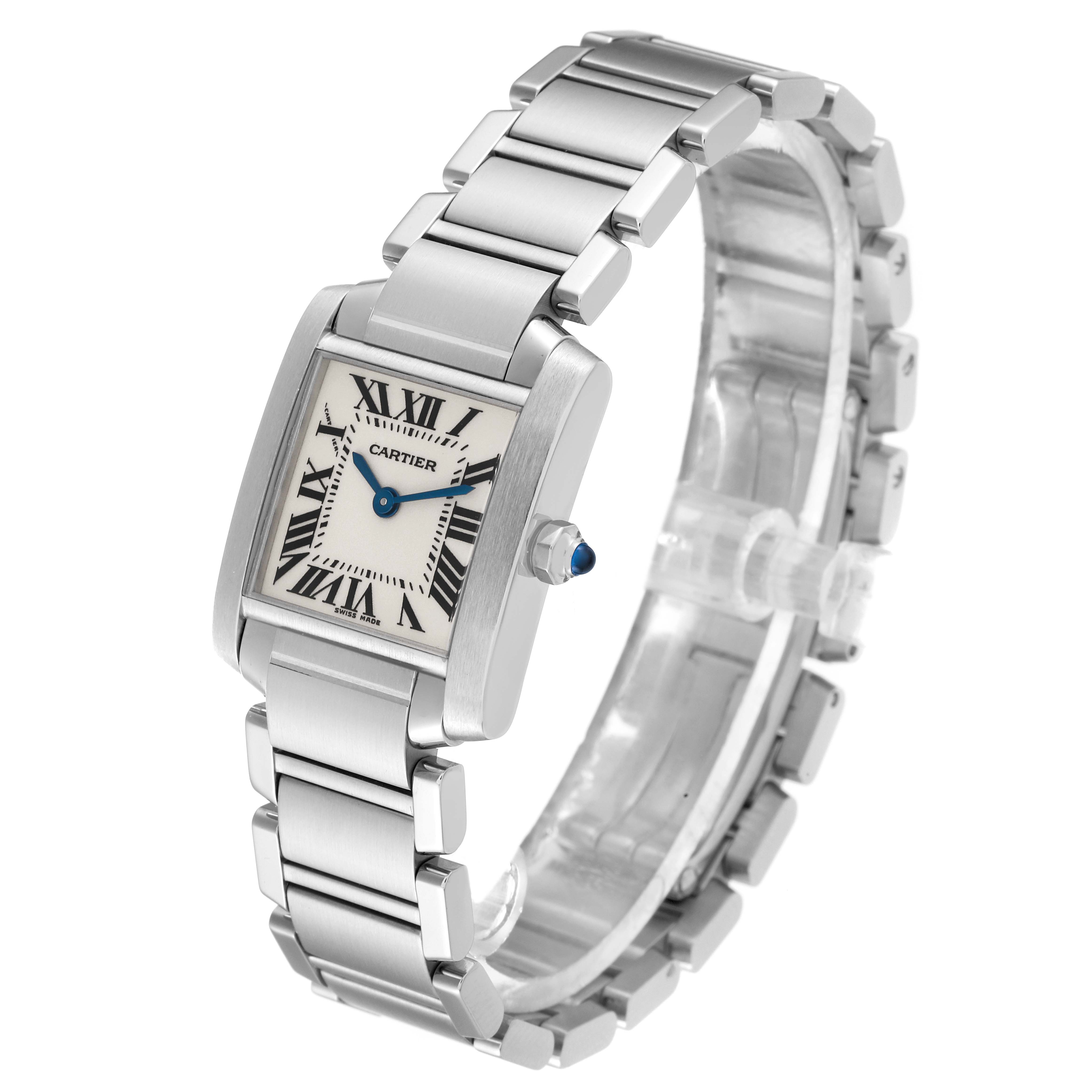 The image shows a Cartier Tank Francaise W51008Q3 Women
s Stainless Steel Silver Dial W51008Q3 Women
s Stainless Steel Silver Dial watch from an angled top-down view, displaying the face, bracelet, and crown.