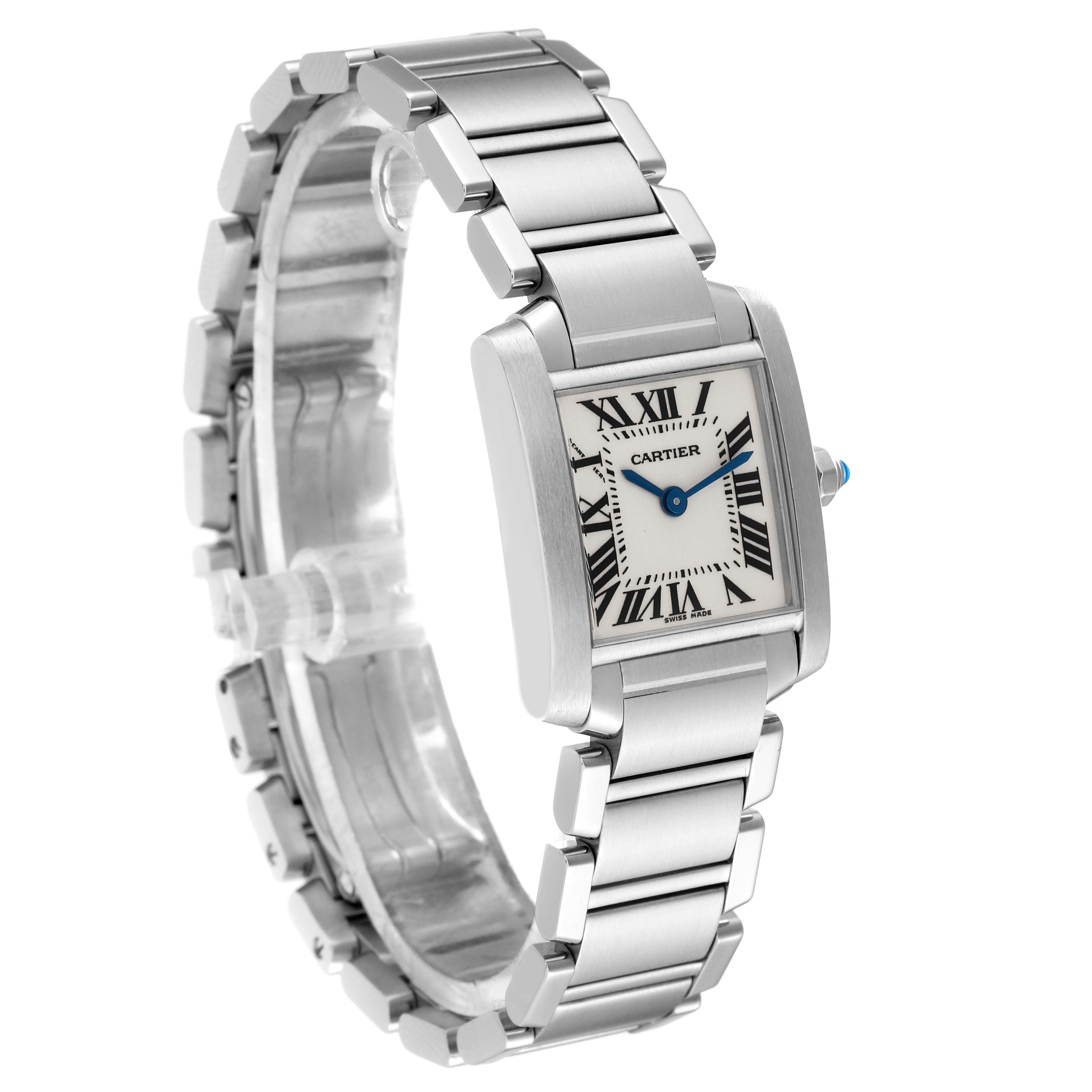 This image shows a Cartier Tank Francaise W51008Q3 Women
s Stainless Steel Silver Dial W51008Q3 Women
s Stainless Steel Silver Dial watch at a three-quarter angle, highlighting the face, bracelet, and crown details.