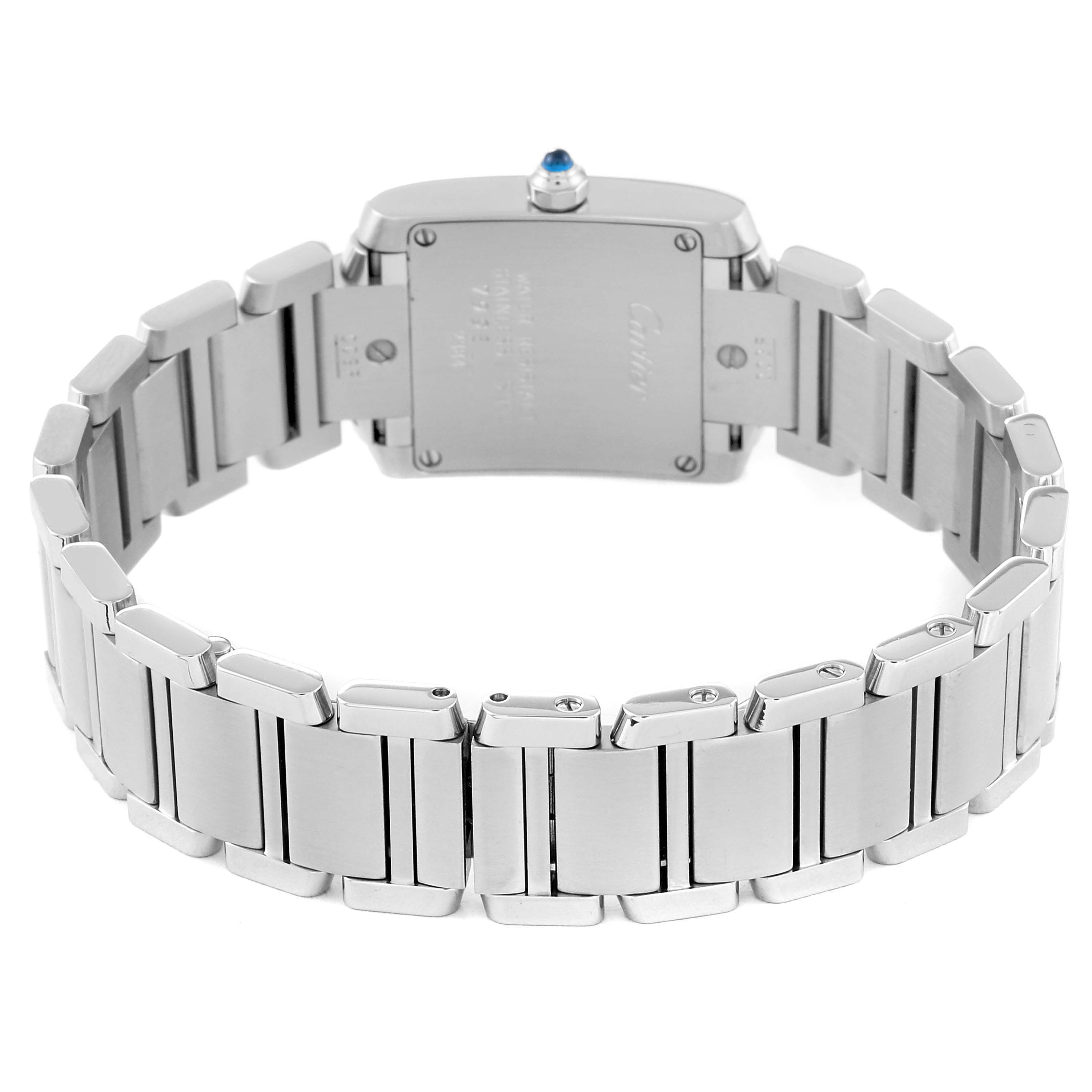 The image shows the back view of a Cartier Tank Francaise W51008Q3 Women
s Stainless Steel Silver Dial W51008Q3 Women
s Stainless Steel Silver Dial watch, highlighting its stainless steel bracelet and case back.