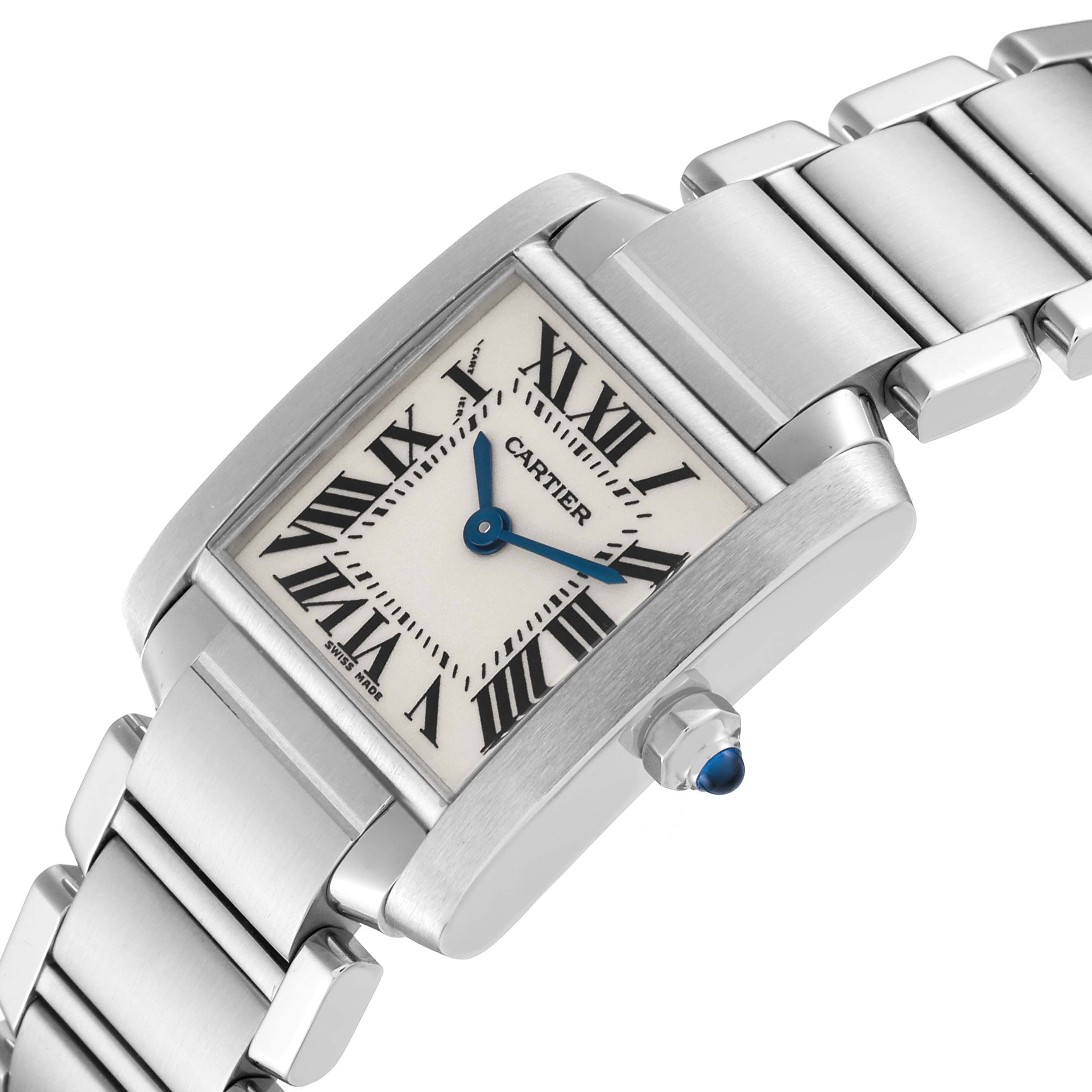 This image shows a close-up, angled view of the dial and part of the bracelet of a Cartier Tank Francaise W51008Q3 Women
s Stainless Steel Silver Dial W51008Q3 Women
s Stainless Steel Silver Dial watch.