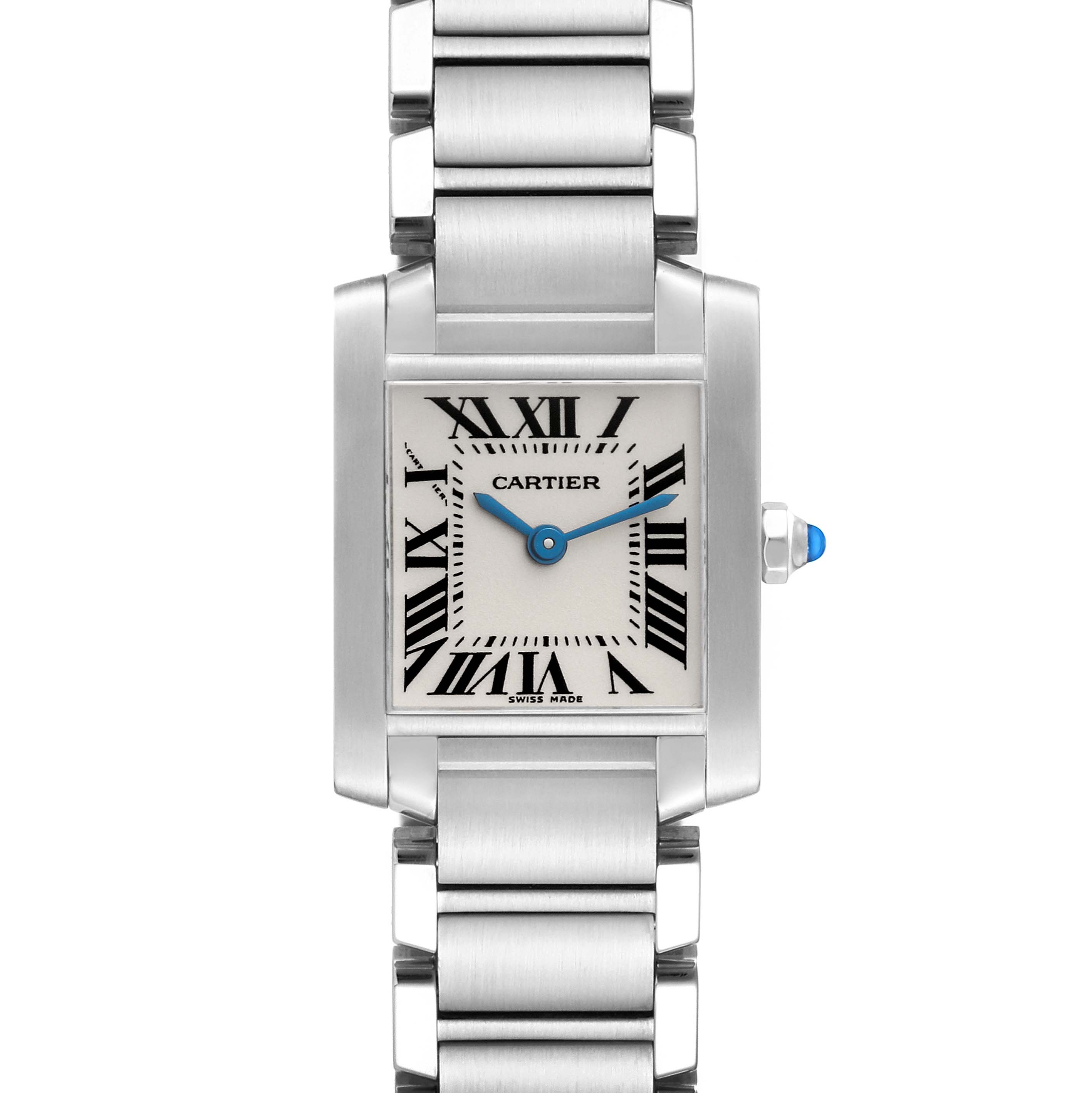 The Cartier Tank Francaise W51008Q3 Women
s Stainless Steel Silver Dial W51008Q3 Women
s Stainless Steel Silver Dial watch is shown from a front view, displaying the face, hands, and part of the metal bracelet.