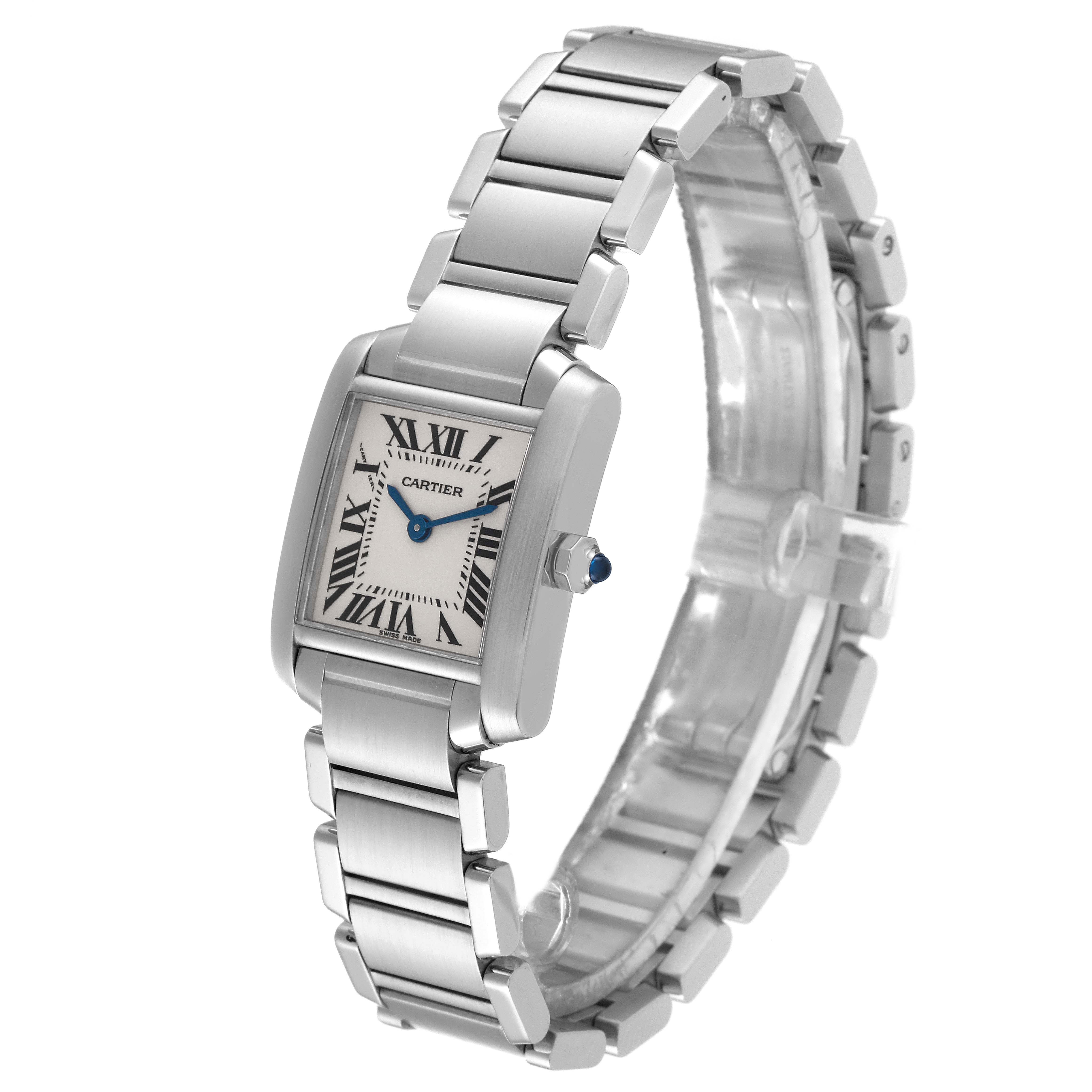 The Cartier Tank Francaise W51008Q3 Women
s Stainless Steel Silver Dial W51008Q3 Women
s Stainless Steel Silver Dial watch is shown at a three-quarter angle, highlighting its face, bracelet, and side crown.