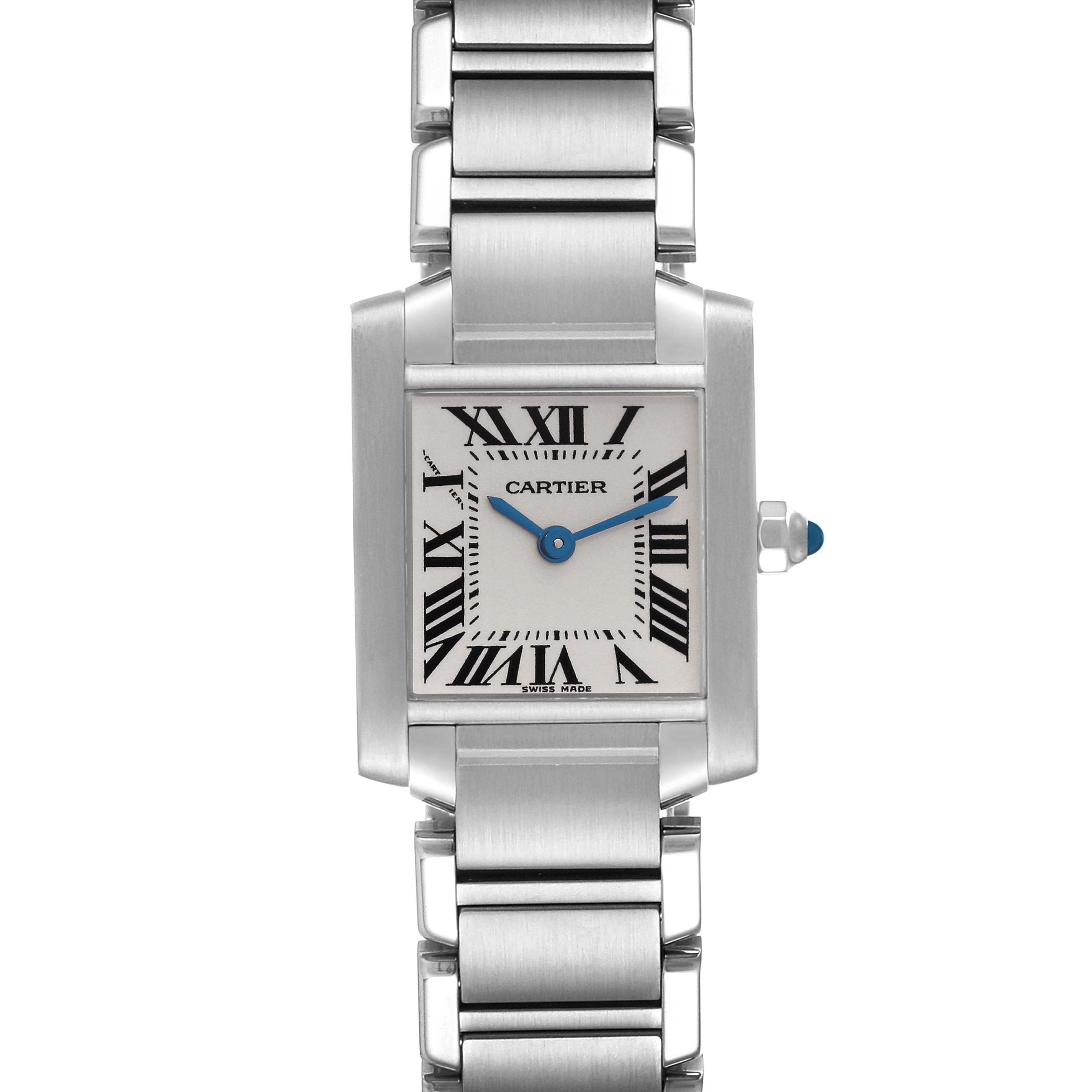 This is a front view of the Cartier Tank Francaise W51008Q3 Women
s Stainless Steel Silver Dial W51008Q3 Women
s Stainless Steel Silver Dial watch showing its face, bracelet, and crown.