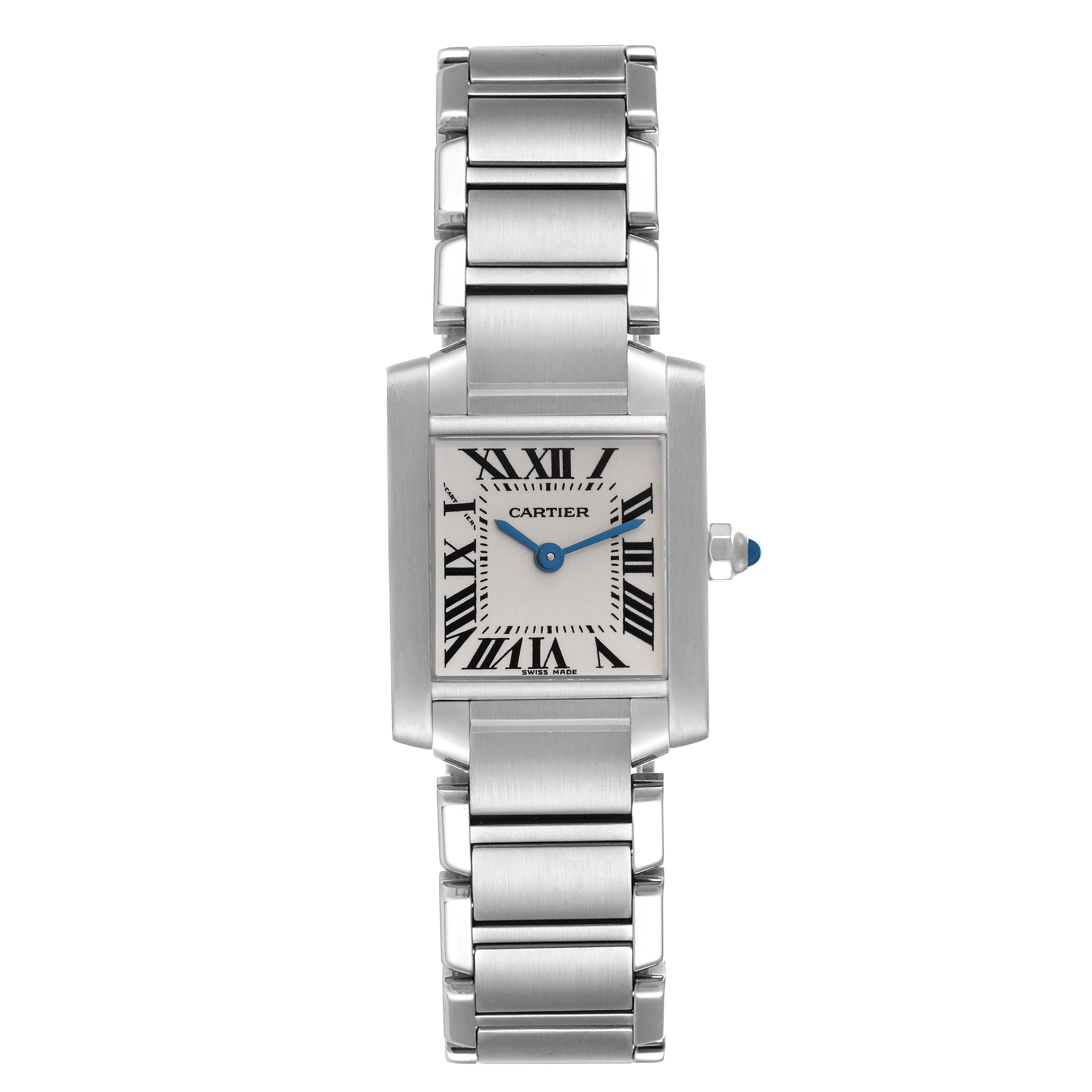 This image shows a front view of the Cartier Tank Francaise W51008Q3 Women
s Stainless Steel Silver Dial W51008Q3 Women
s Stainless Steel Silver Dial watch, displaying its square dial, Roman numerals, and metal bracelet.