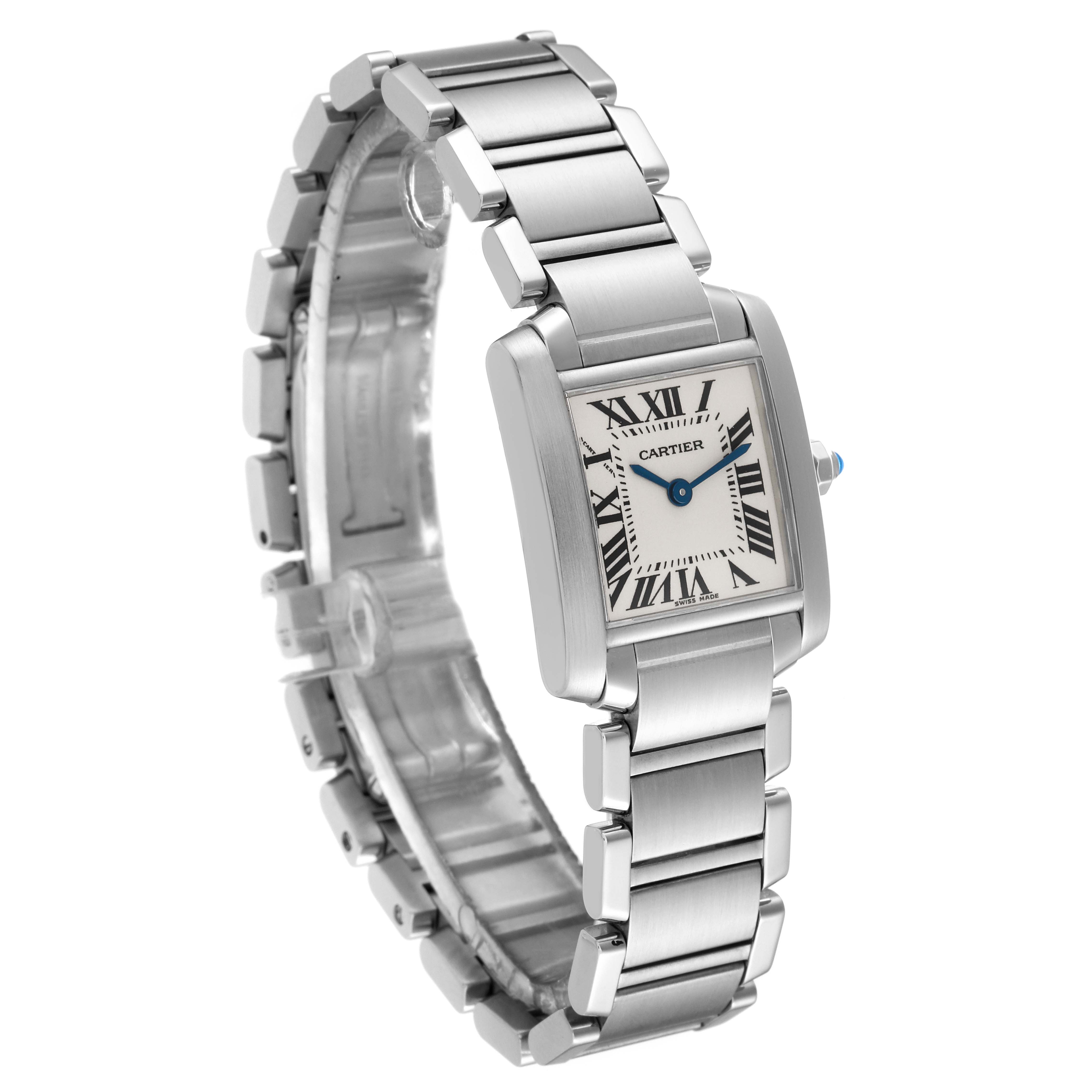 The image shows a Cartier Tank Francaise W51008Q3 Women
s Stainless Steel Silver Dial W51008Q3 Women
s Stainless Steel Silver Dial watch at a three-quarter angle, displaying the watch face, bracelet, and part of the clasp.