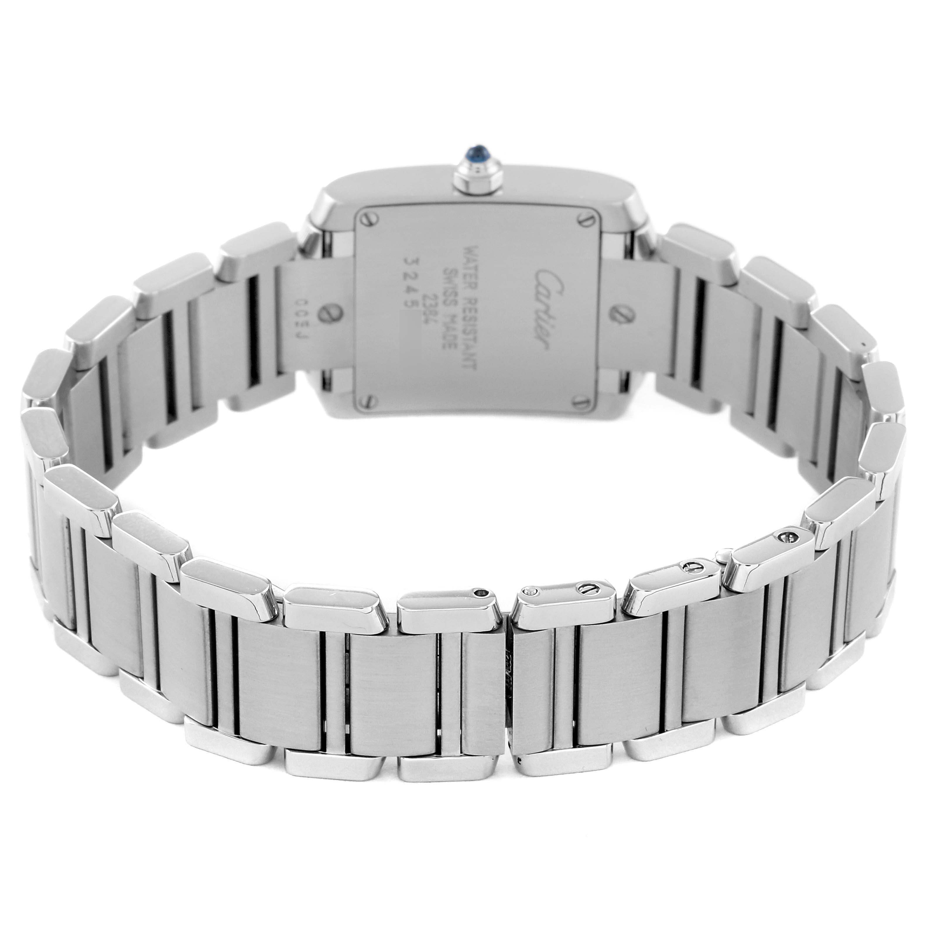 The image shows a Cartier Tank Francaise W51008Q3 Women
s Stainless Steel Silver Dial W51008Q3 Women
s Stainless Steel Silver Dial watch from the back, including its bracelet and case back.