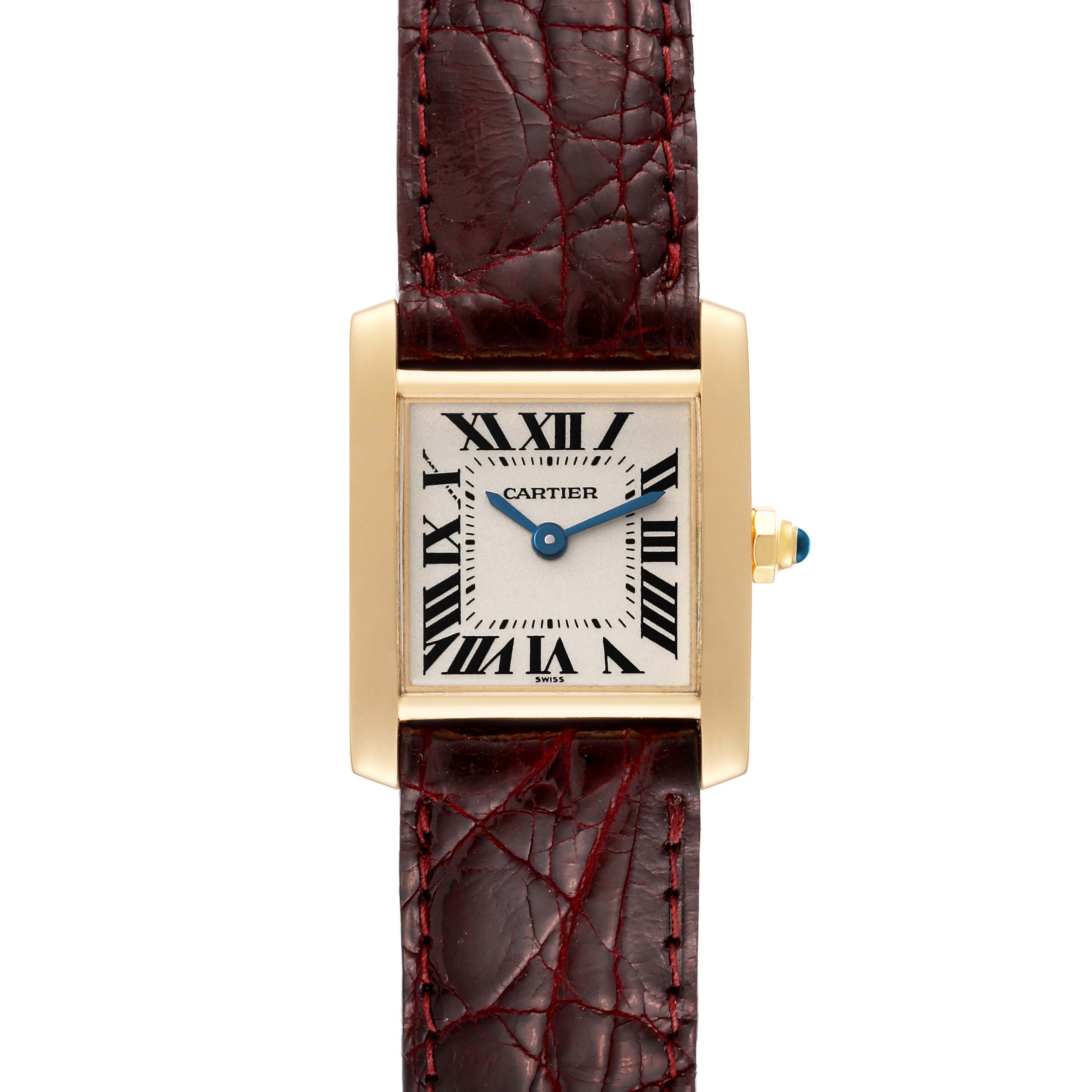 This image shows a front view of the Cartier Tank Francaise W5000256 Women
s Yellow Gold Silver Dial W5000256 Women
s Yellow Gold Silver Dial watch, highlighting its face, straps, and crown.