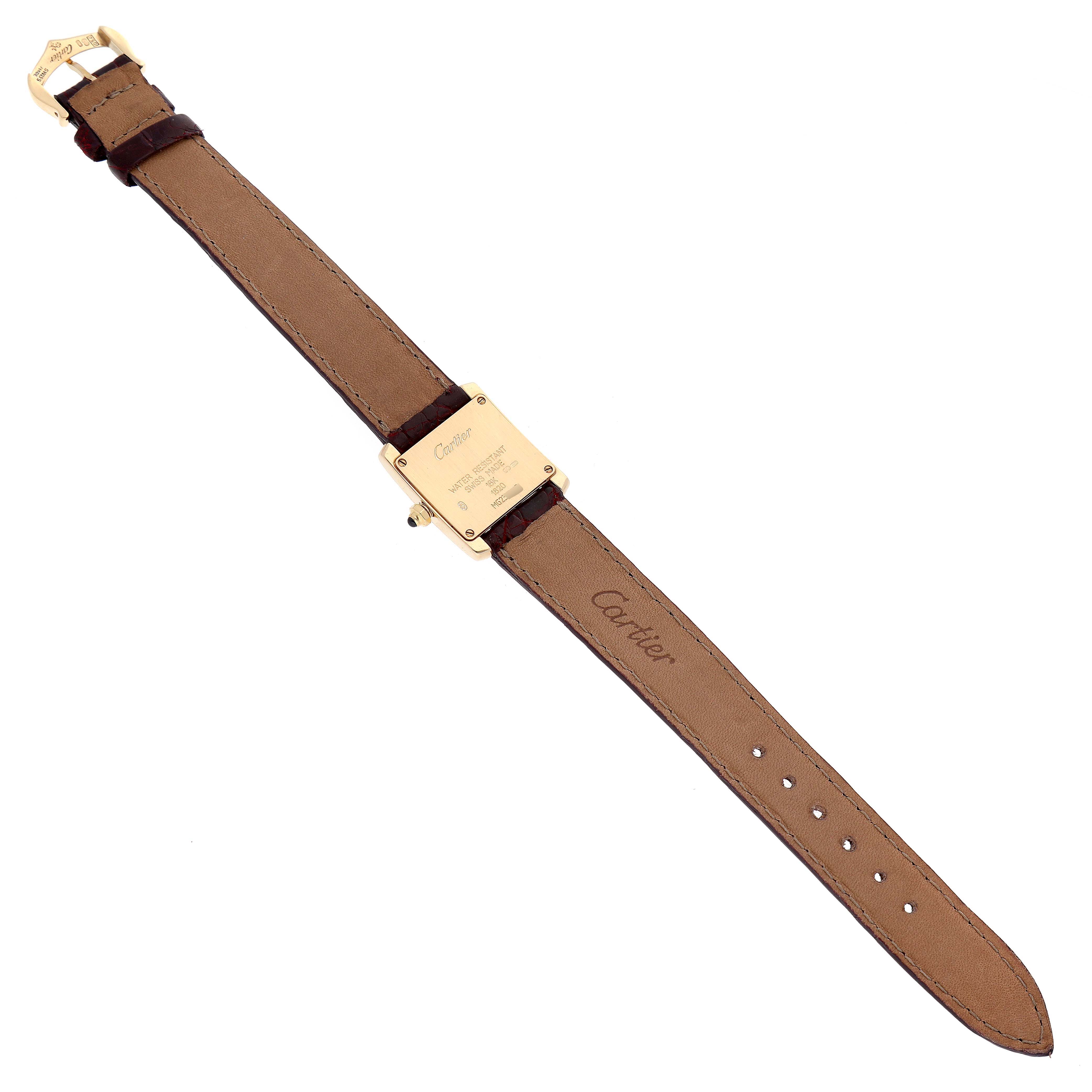 This image shows the back view of a Cartier Tank Française watch, displaying the strap and clasp.