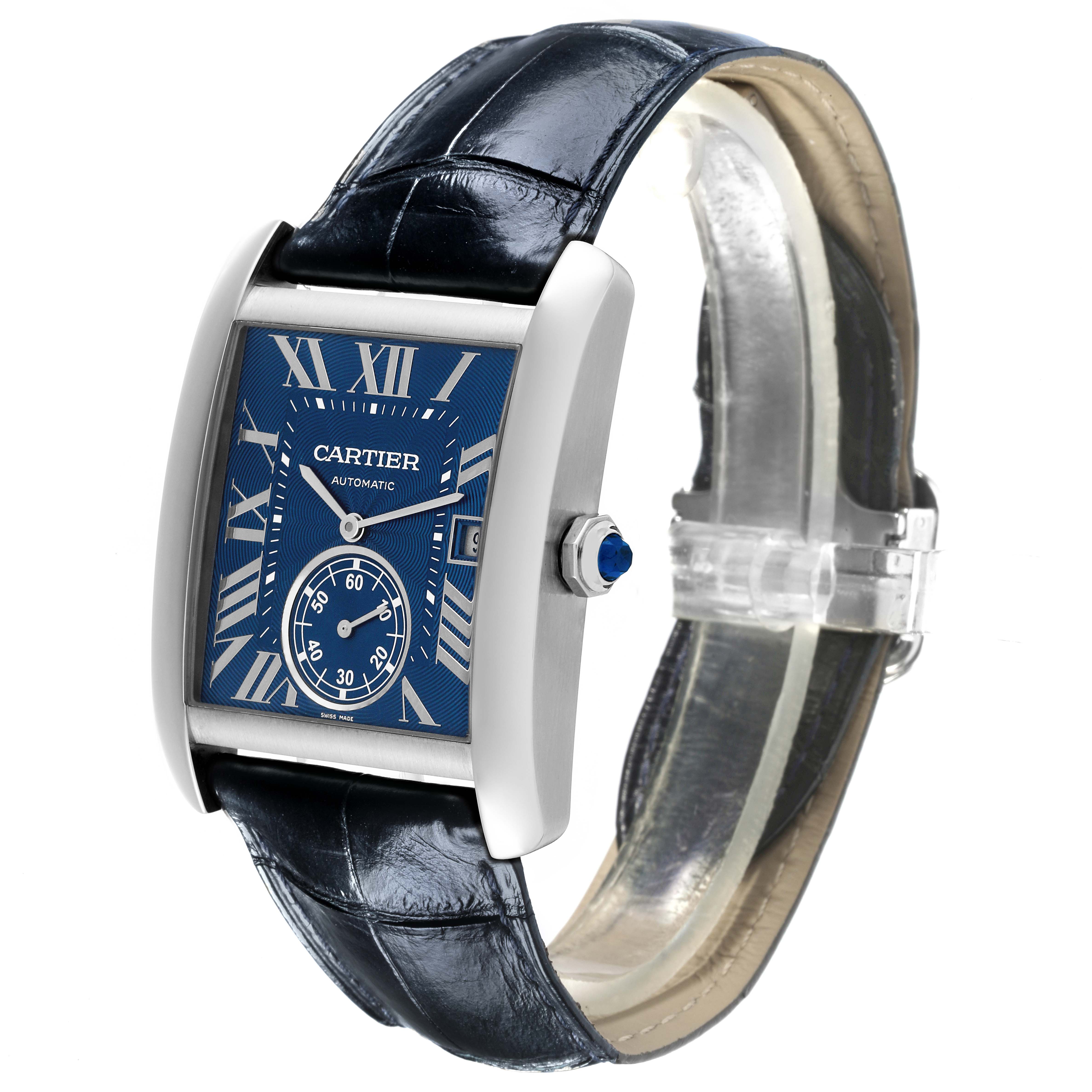 The Cartier Tank MC WSTA0010 Men's Stainless Steel Blue Dial WSTA0010 Men's Stainless Steel Blue Dial watch is shown at a slight angle, displaying its face, crown, and leather strap.