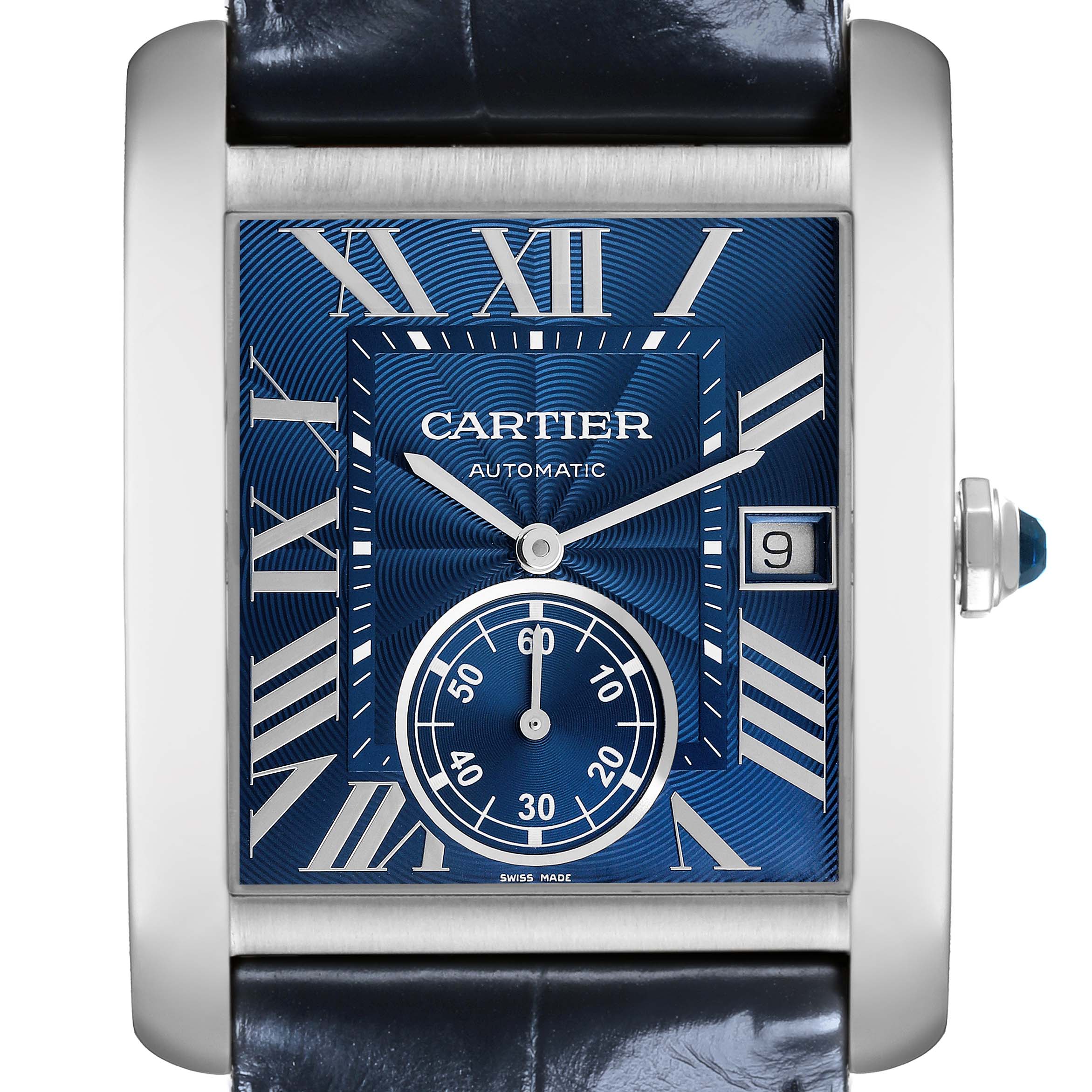 The Cartier Tank MC WSTA0010 Men's Stainless Steel Blue Dial WSTA0010 Men's Stainless Steel Blue Dial watch is shown from the front, displaying the face, blue dial, date, and crown.