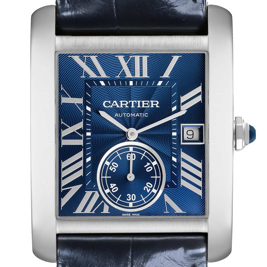 The Cartier Tank MC watch is shown from the front, displaying the face, blue dial, date, and crown.