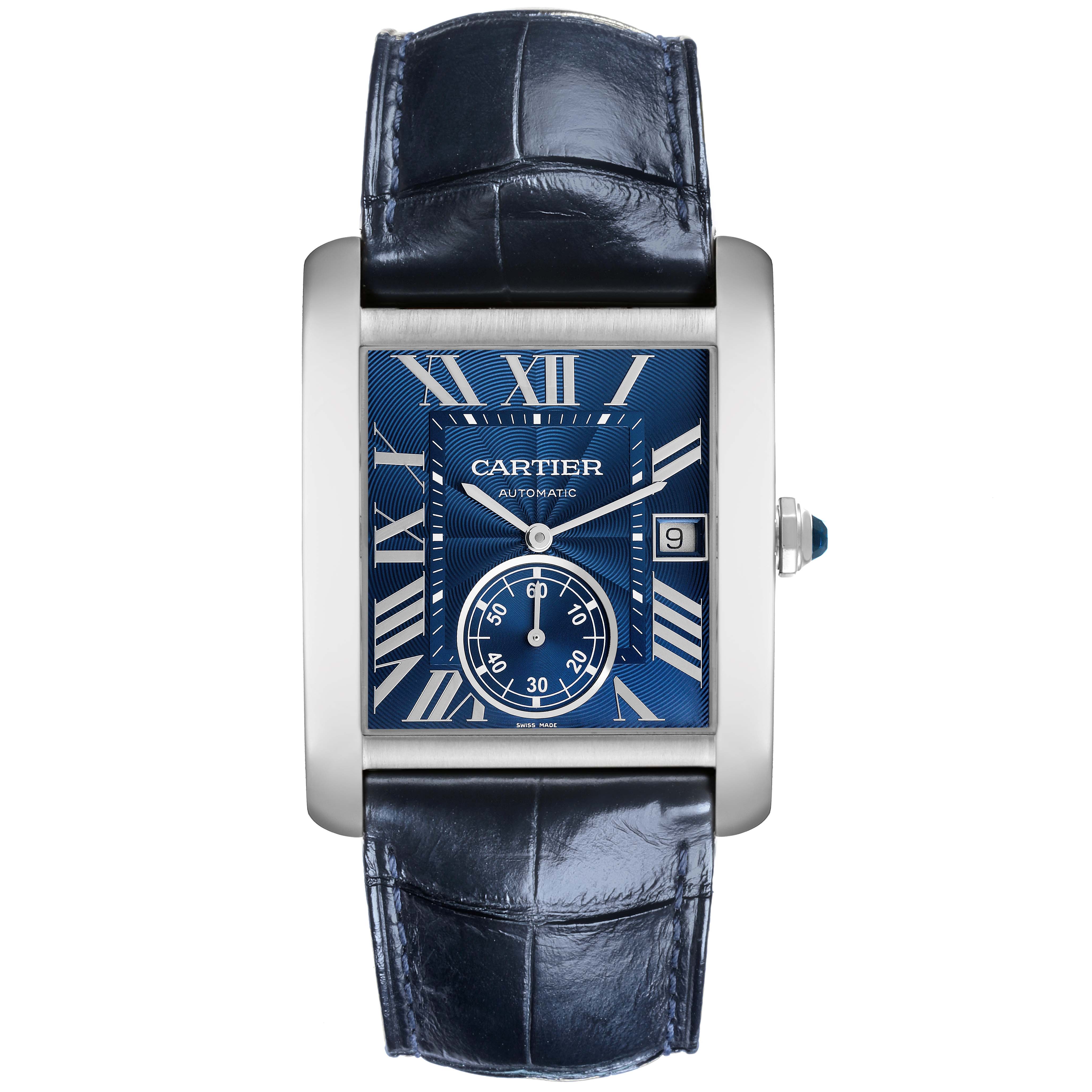 The Cartier Tank MC WSTA0010 Men's Stainless Steel Blue Dial WSTA0010 Men's Stainless Steel Blue Dial watch is shown from the front, displaying its blue dial, Roman numerals, and leather strap.