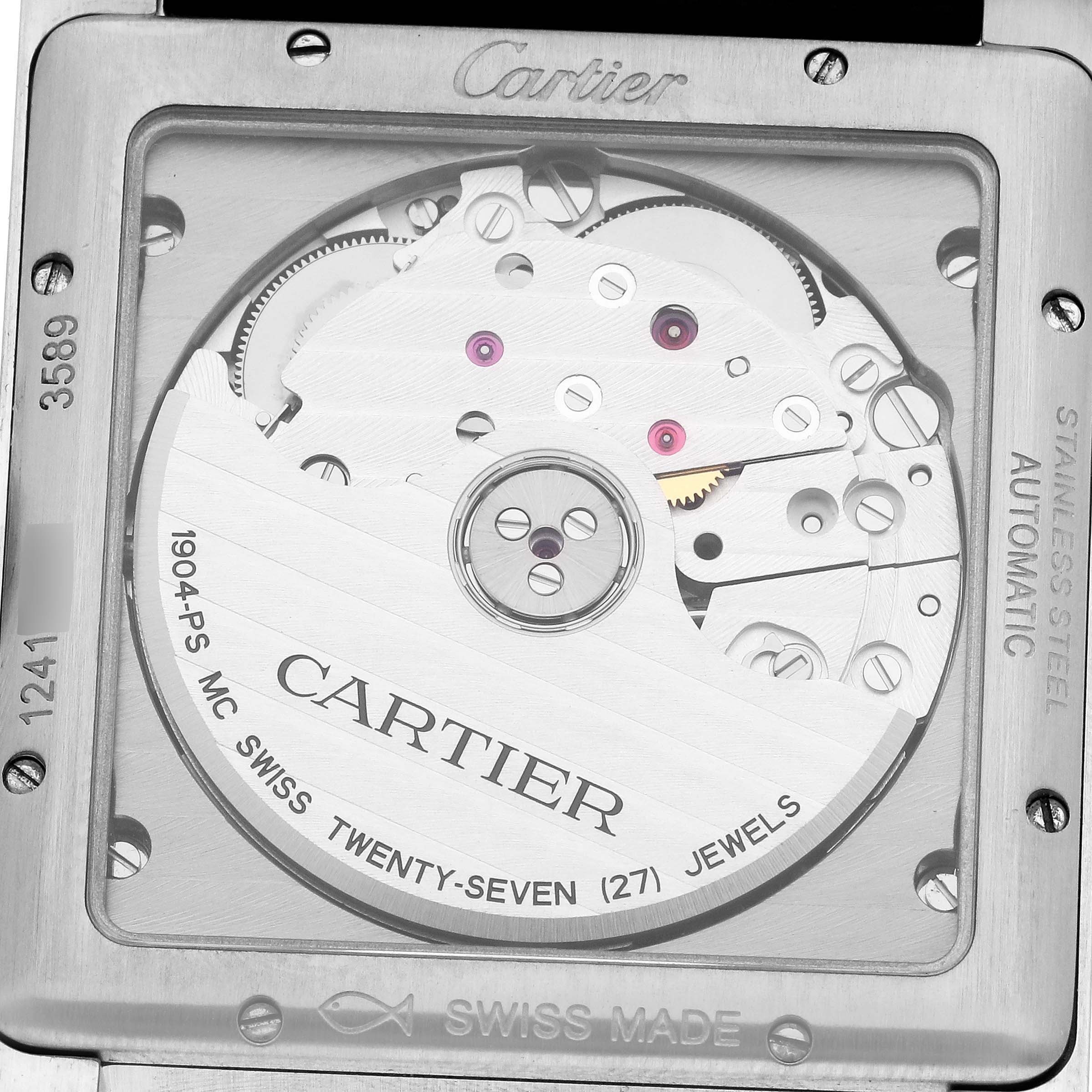 The image shows the back view of the Cartier Tank MC WSTA0010 Men's Stainless Steel Blue Dial WSTA0010 Men's Stainless Steel Blue Dial watch, highlighting its automatic movement and internal mechanism.