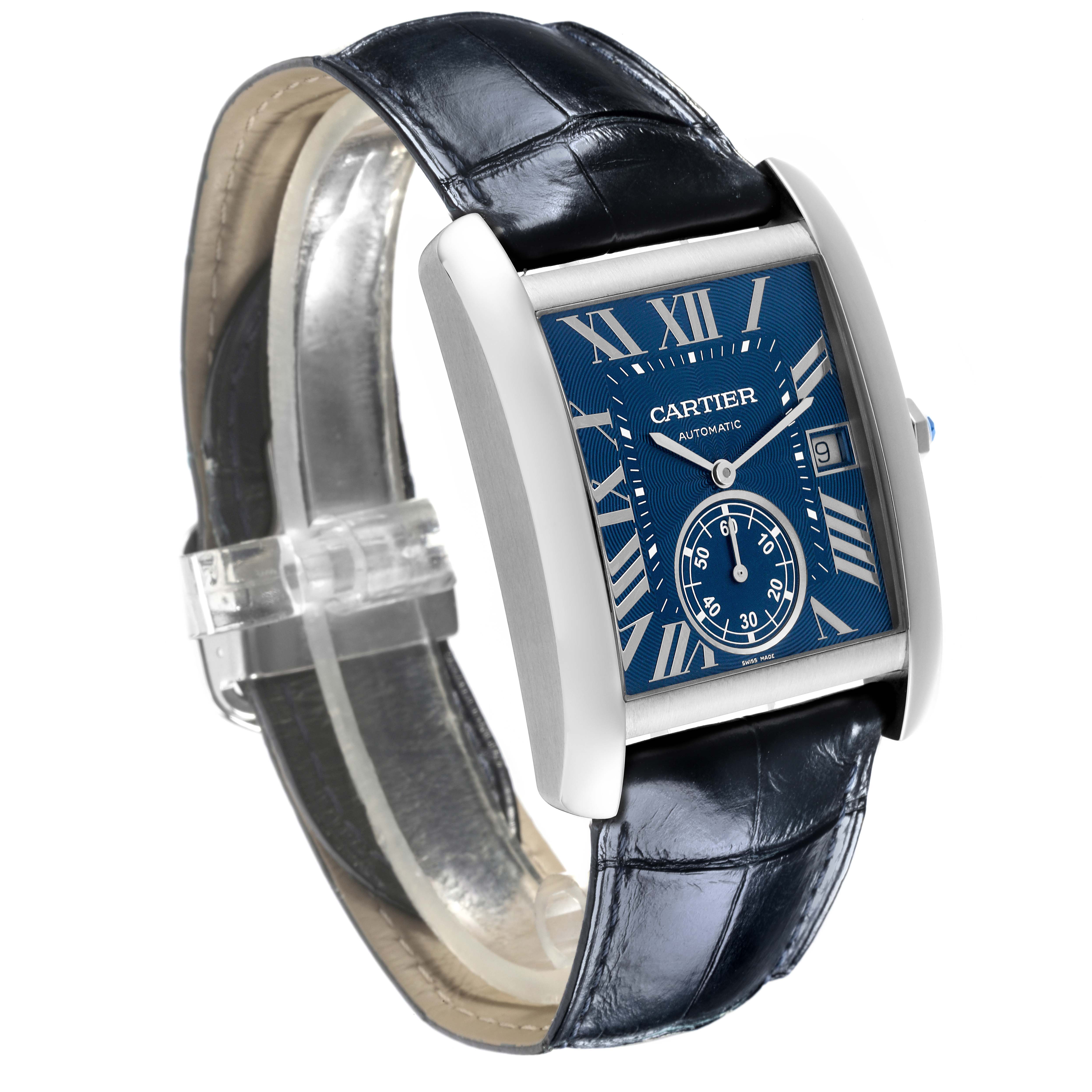 The Cartier Tank MC WSTA0010 Men's Stainless Steel Blue Dial WSTA0010 Men's Stainless Steel Blue Dial watch is shown at an angled side view, highlighting the blue dial and leather strap.