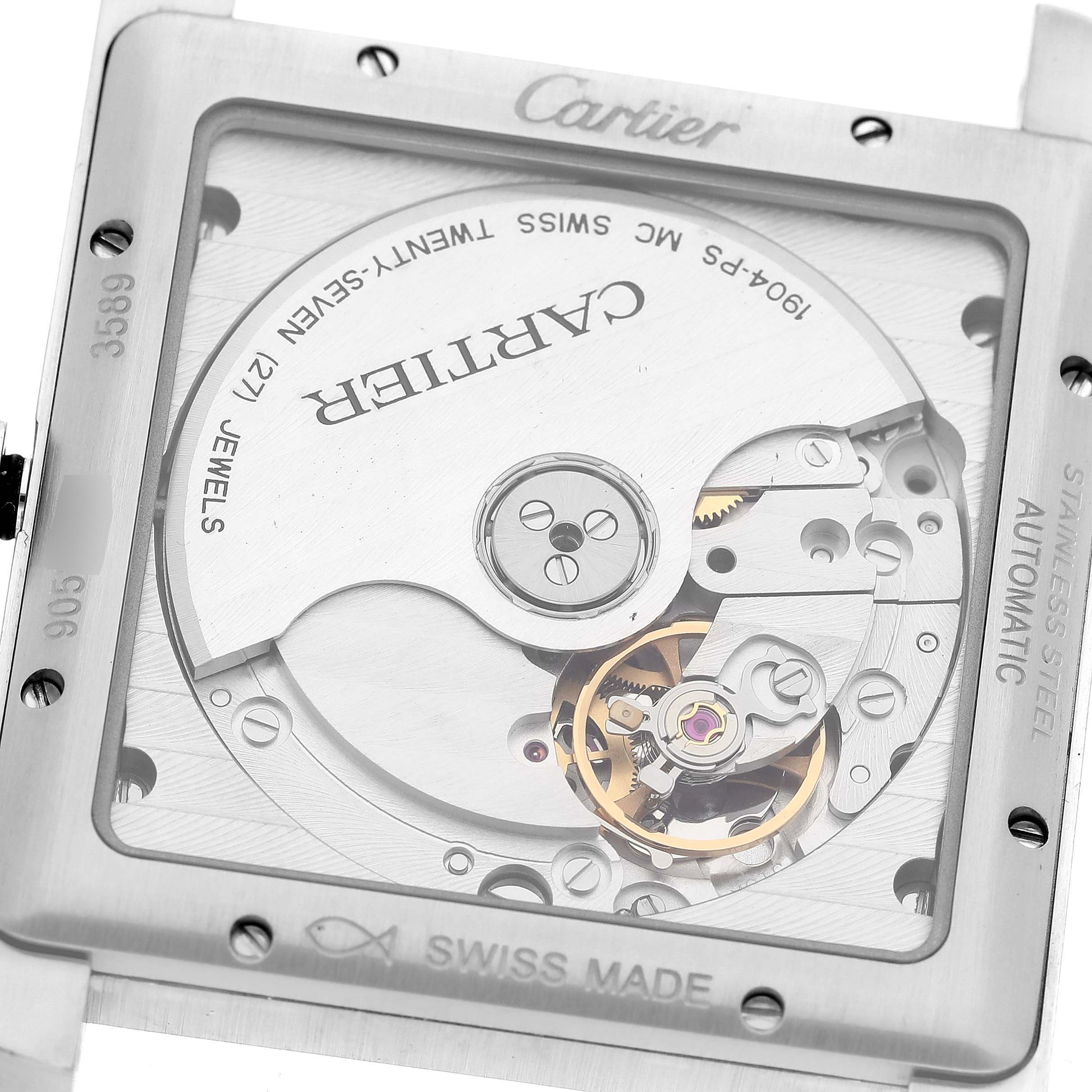 The image shows the back view of the Cartier Tank MC W5330003 Men's Stainless Steel Silver Dial W5330003 Men's Stainless Steel Silver Dial watch, highlighting its automatic movement mechanism.