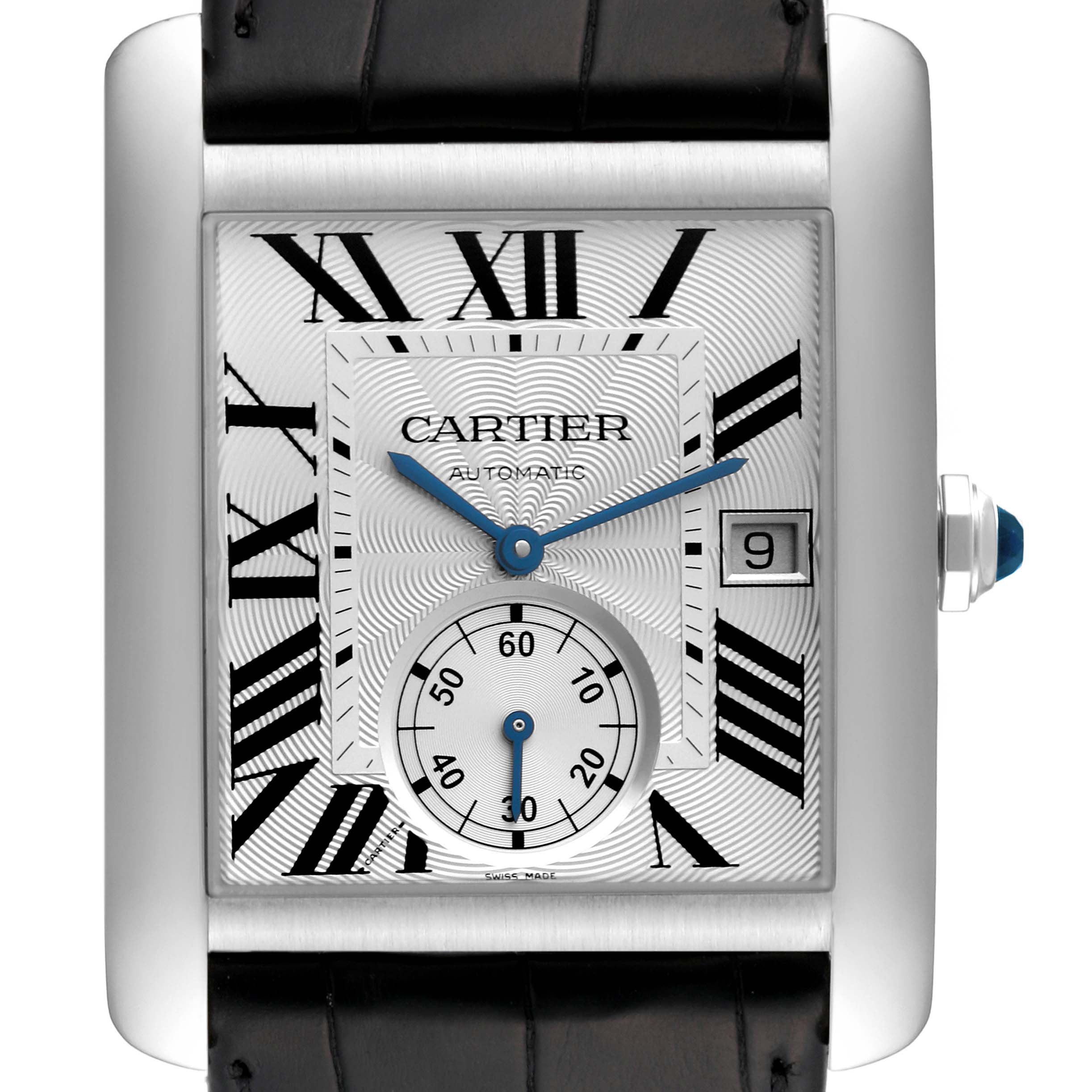 The image shows a front view of the Cartier Tank MC W5330003 Men's Stainless Steel Silver Dial W5330003 Men's Stainless Steel Silver Dial watch, displaying its face, hands, Roman numeral markers, date window, and sub-dial.