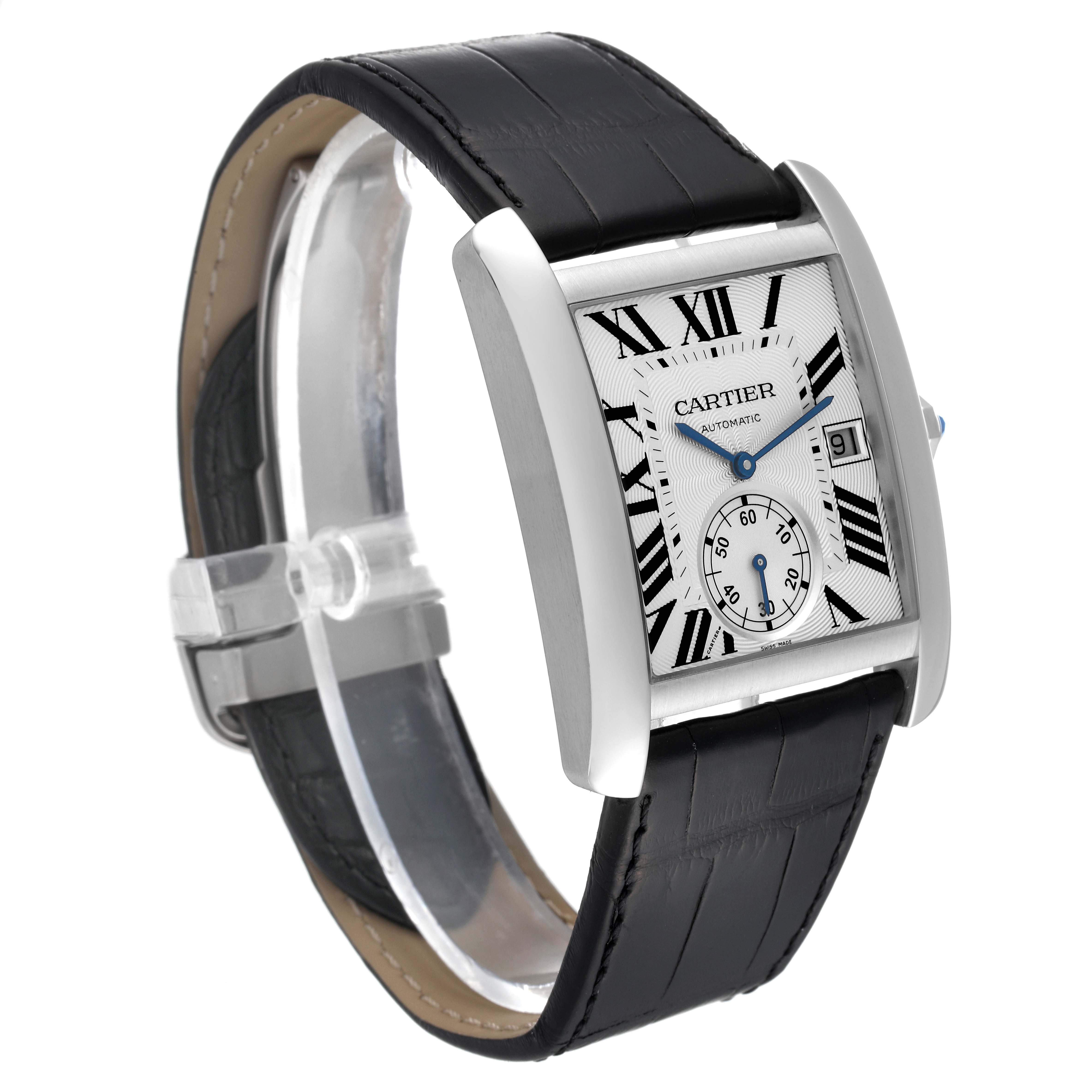 The image shows a side angled view of the Cartier Tank MC W5330003 Men's Stainless Steel Silver Dial W5330003 Men's Stainless Steel Silver Dial watch, highlighting its face, band, and case.