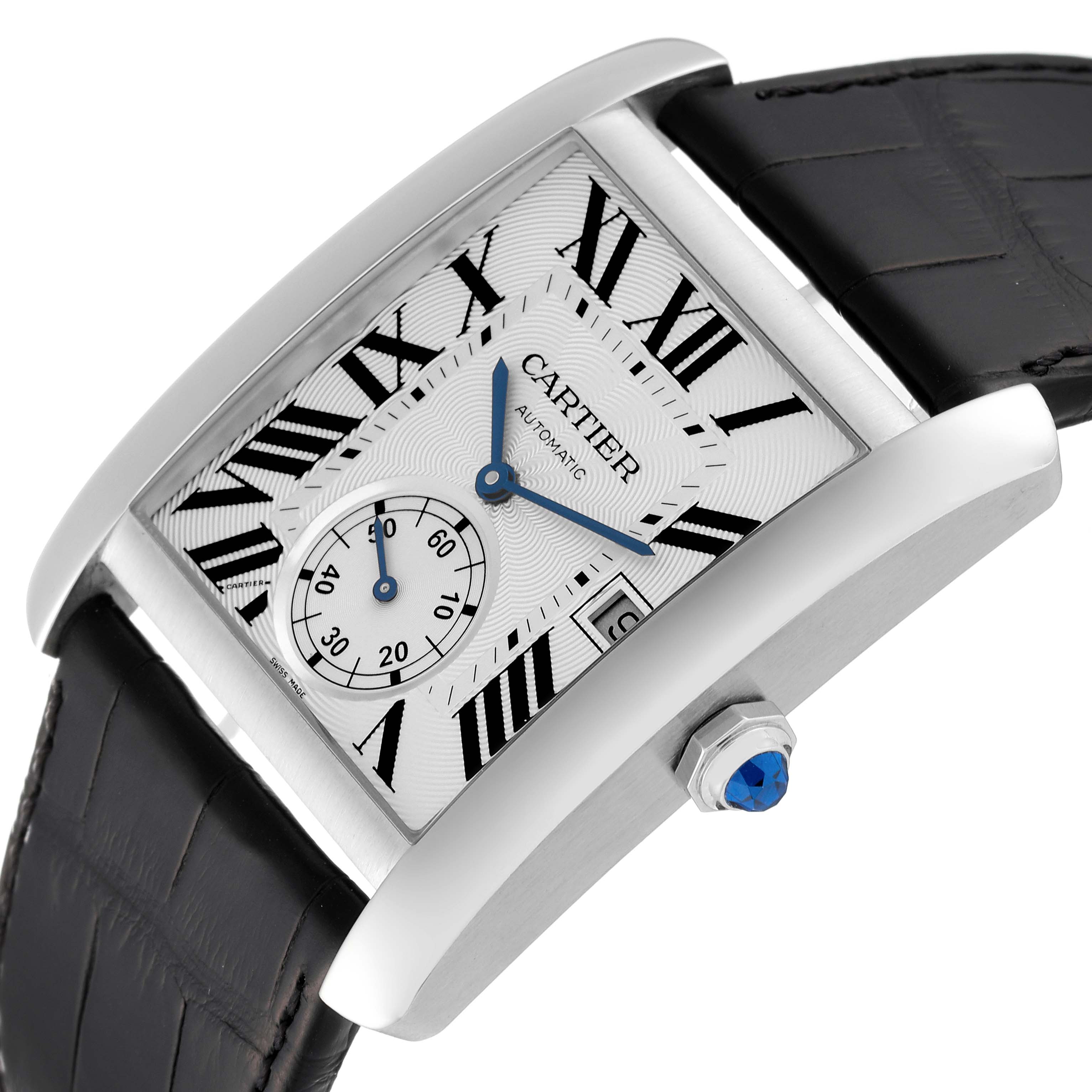 The image shows a Cartier Tank MC W5330003 Men's Stainless Steel Silver Dial W5330003 Men's Stainless Steel Silver Dial watch at an angled close-up, highlighting the dial, case, crown, and part of the leather strap.