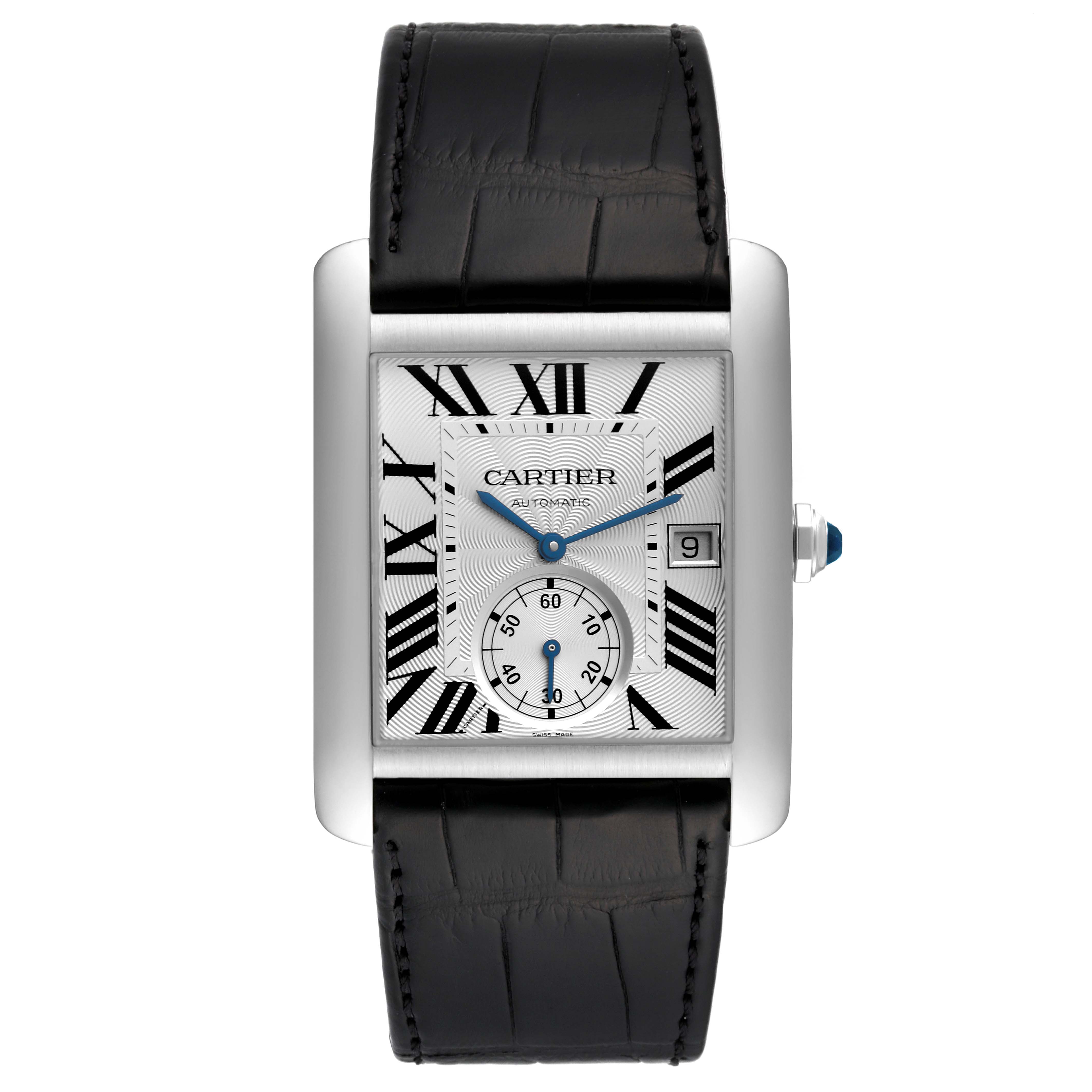 This image shows a top-down view of the Cartier Tank MC W5330003 Men's Stainless Steel Silver Dial W5330003 Men's Stainless Steel Silver Dial watch, displaying the face, bezel, and strap.