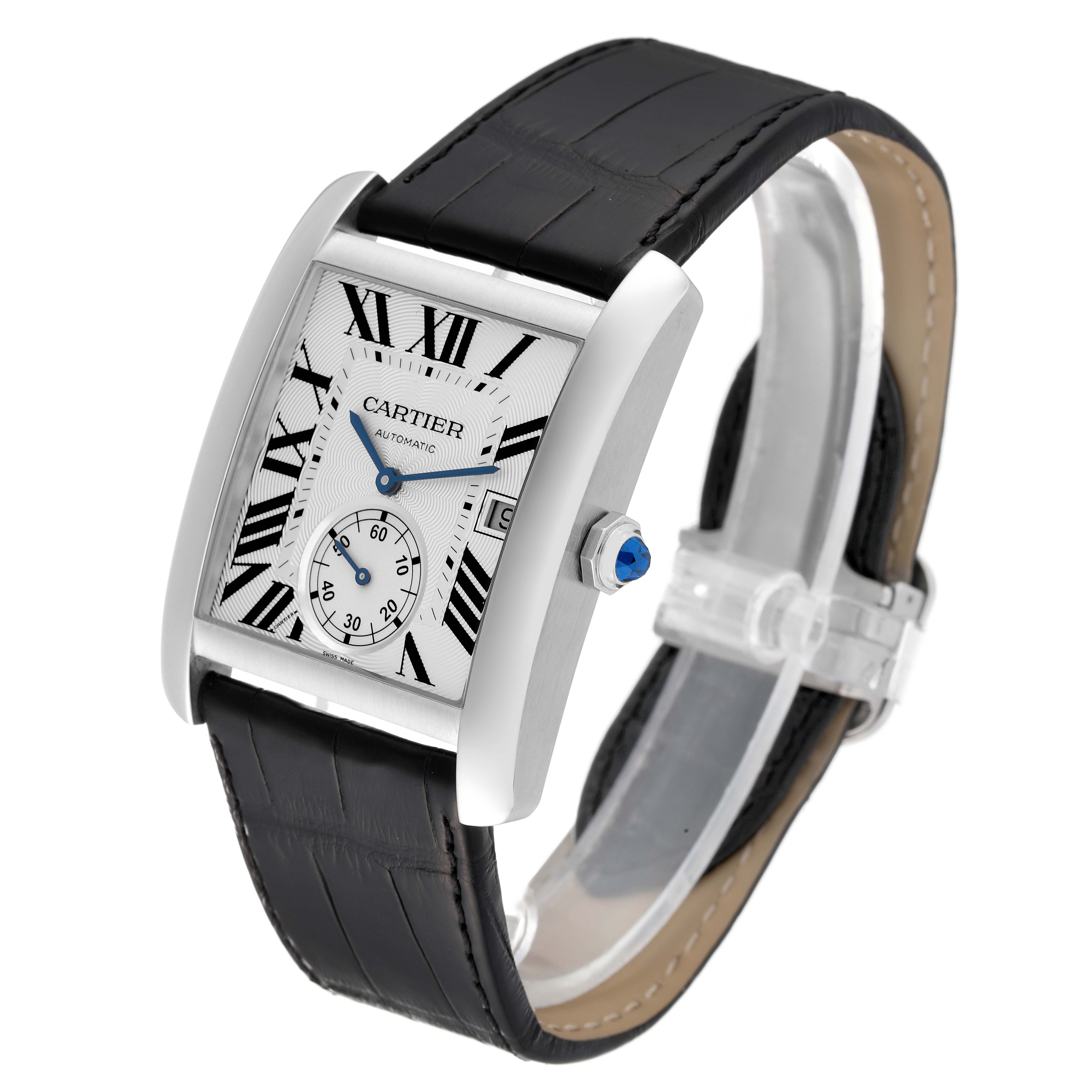 The Cartier Tank MC W5330003 Men's Stainless Steel Silver Dial W5330003 Men's Stainless Steel Silver Dial watch is shown in a three-quarter view, displaying the dial, crown, and black leather strap.