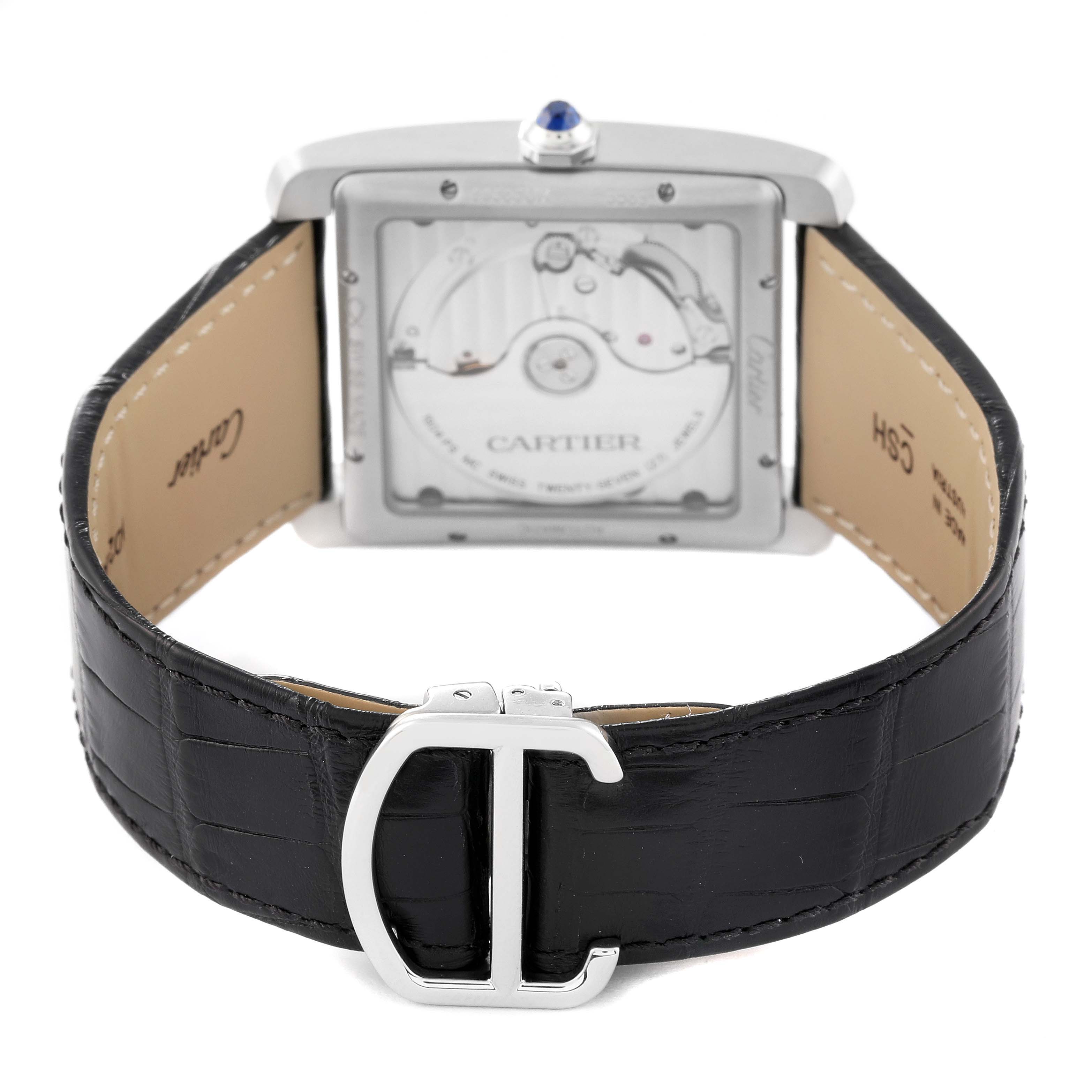 This image shows the back view of a Cartier Tank MC W5330003 Men's Stainless Steel Silver Dial W5330003 Men's Stainless Steel Silver Dial watch, highlighting the case back, movement, strap, and buckle.