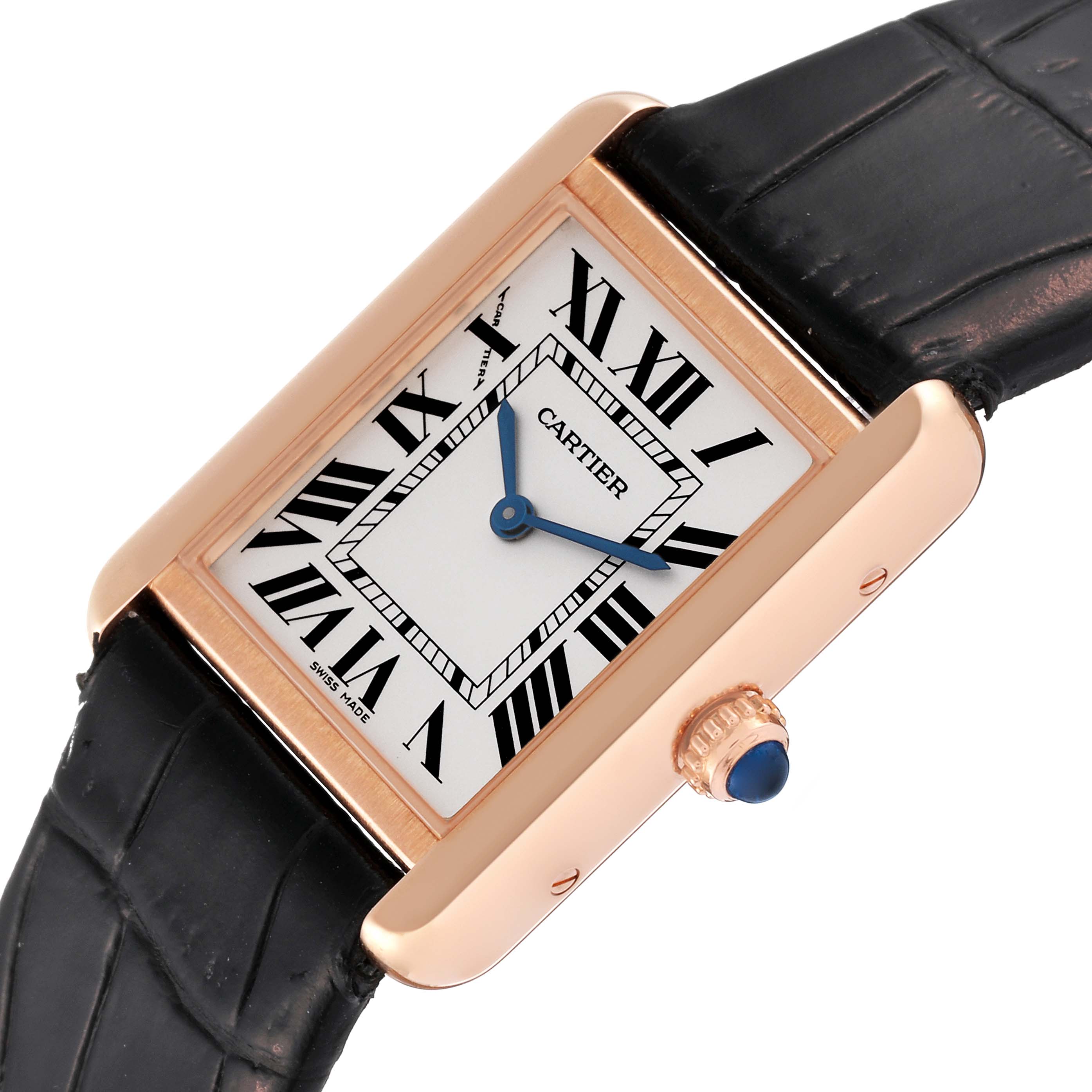 This image shows the Cartier Tank Solo W5200024 Women
s Steel and Gold (two tone) Silver Dial W5200024 Women
s Steel and Gold (two tone) Silver Dial watch at an angle that highlights its face, crown, and leather strap.
