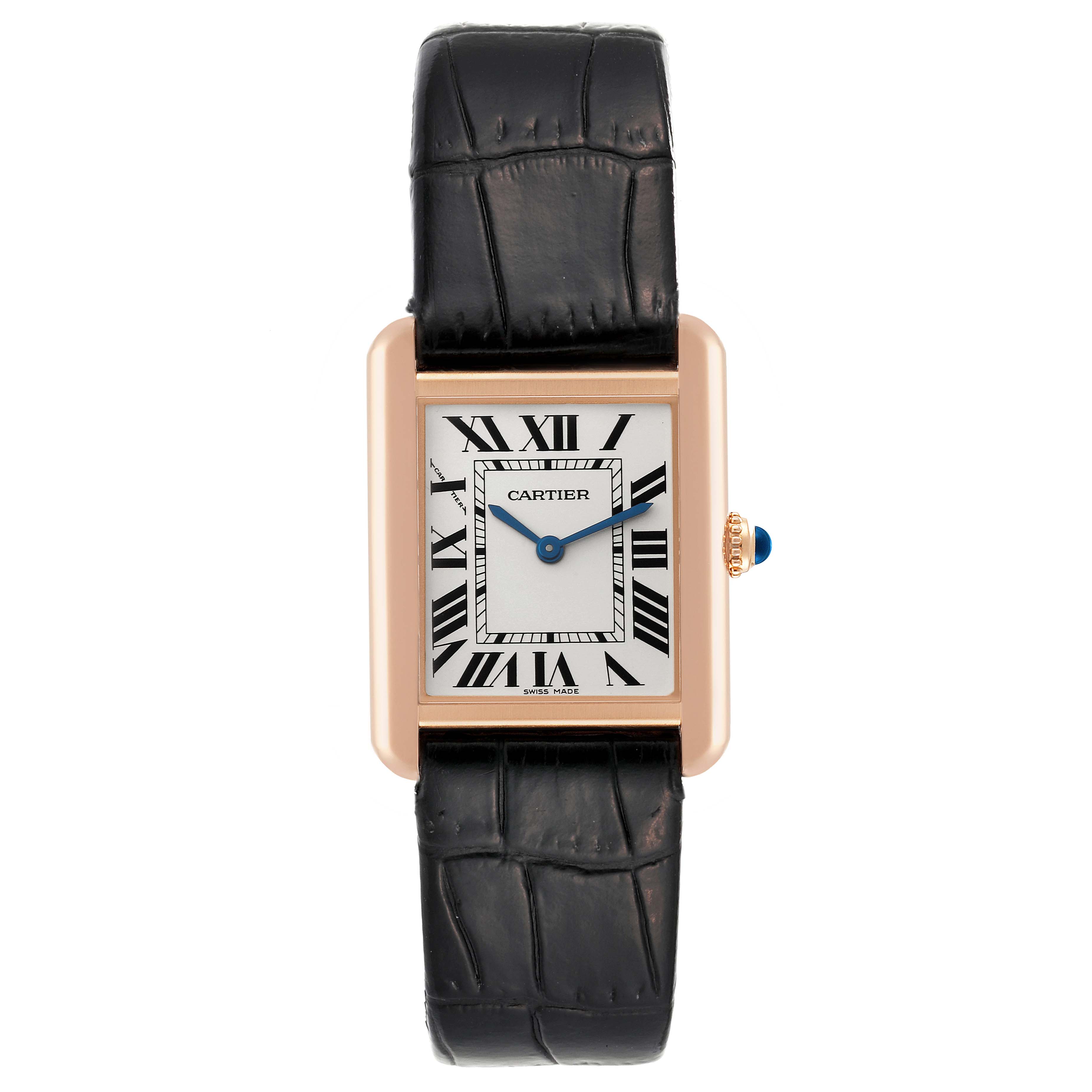 The image shows a front view of a Cartier Tank Solo W5200024 Women
s Steel and Gold (two tone) Silver Dial W5200024 Women
s Steel and Gold (two tone) Silver Dial watch, displaying its face, strap, and crown.