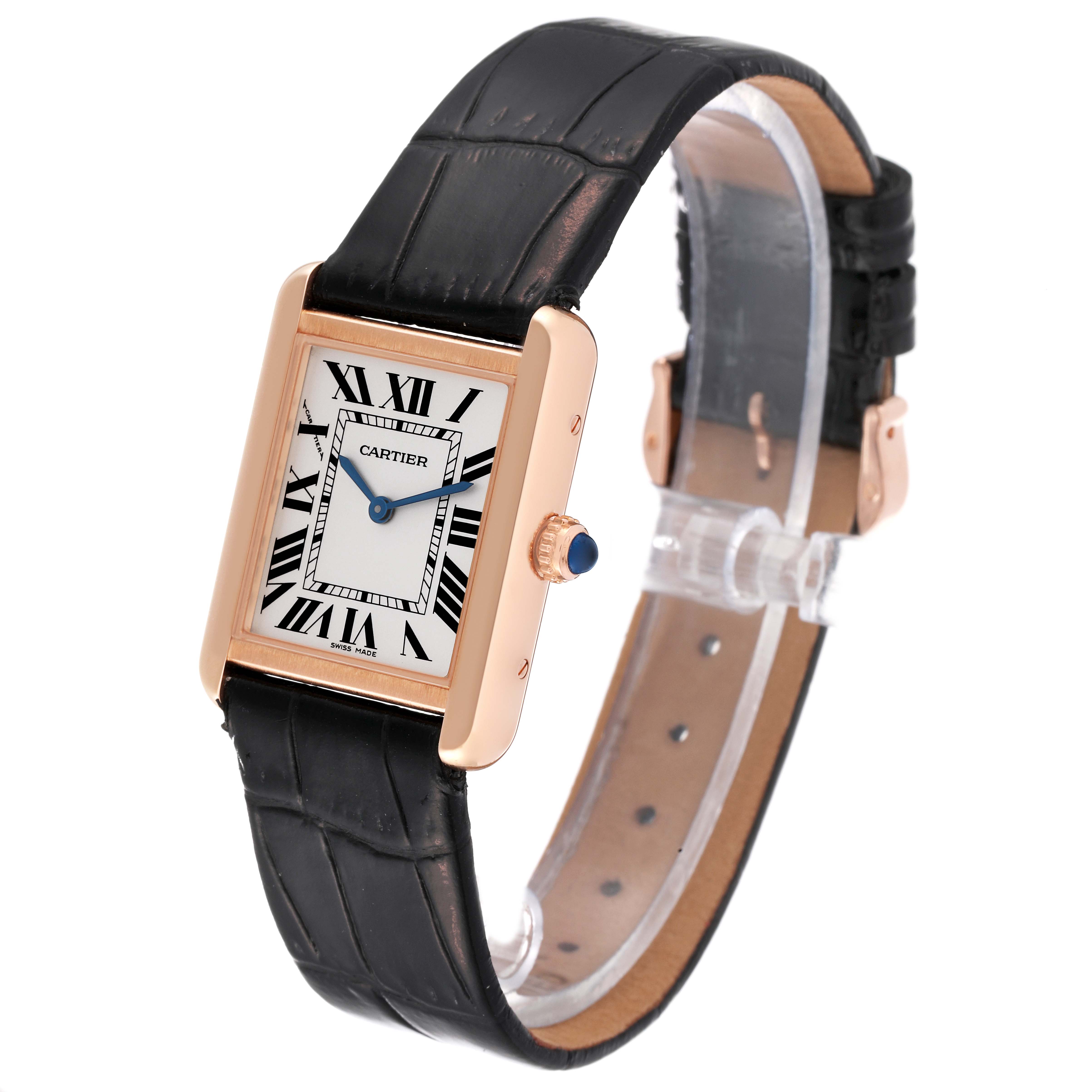 The image shows a Cartier Tank Solo W5200024 Women
s Steel and Gold (two tone) Silver Dial W5200024 Women
s Steel and Gold (two tone) Silver Dial watch at an angle showcasing its face, crown, and strap.