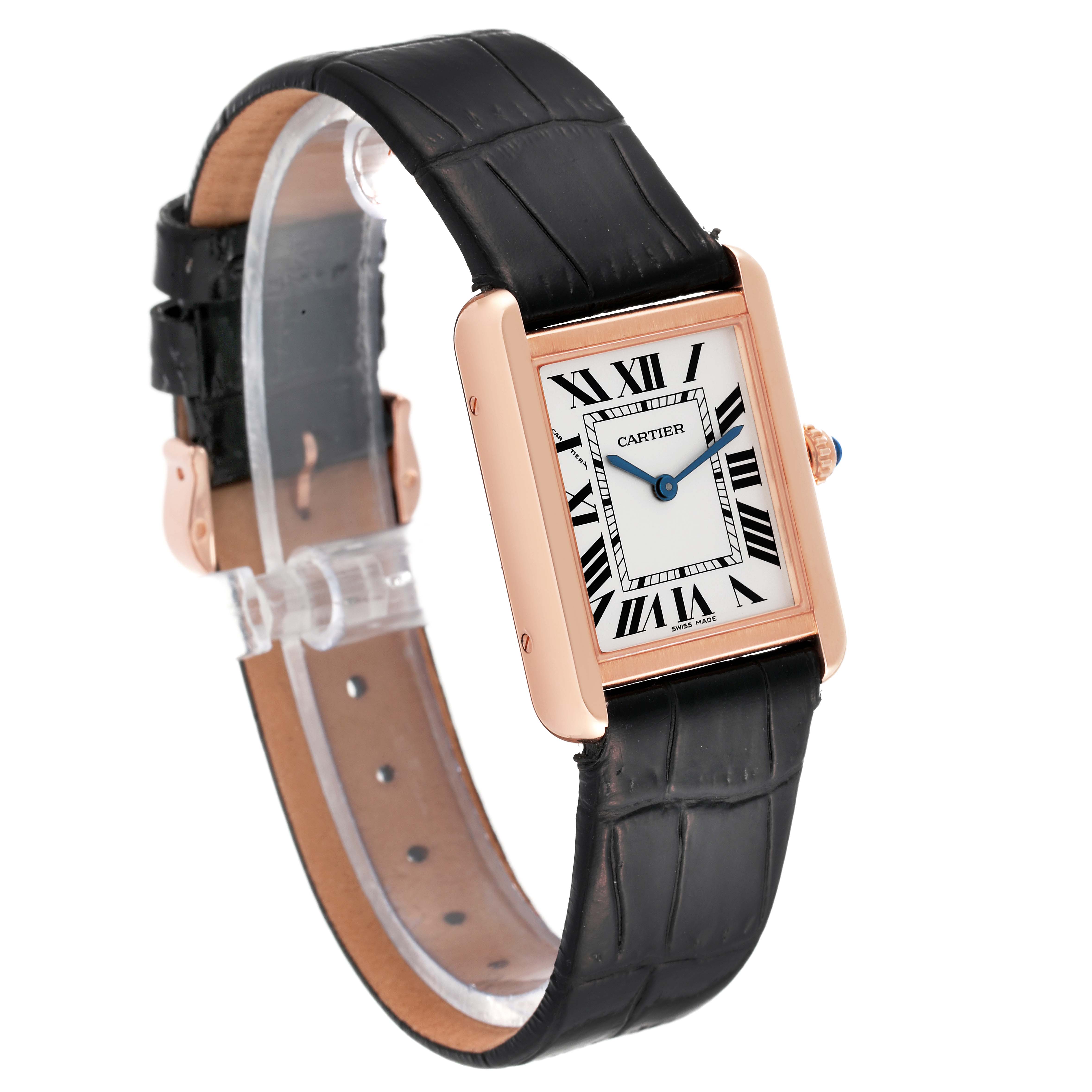 The Cartier Tank Solo W5200024 Women
s Steel and Gold (two tone) Silver Dial W5200024 Women
s Steel and Gold (two tone) Silver Dial watch is displayed at a three-quarter angle showcasing its rectangular face, black leather strap, and rose gold casing.